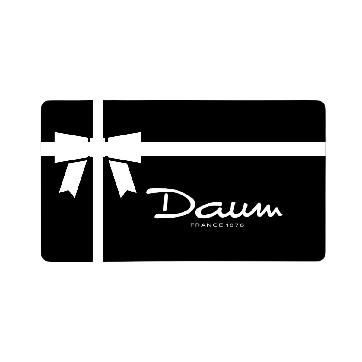 Carte cadeau électronique Daum, design élégant, avec logo et motifs modernes, présentation numérique pour offre spéciale.