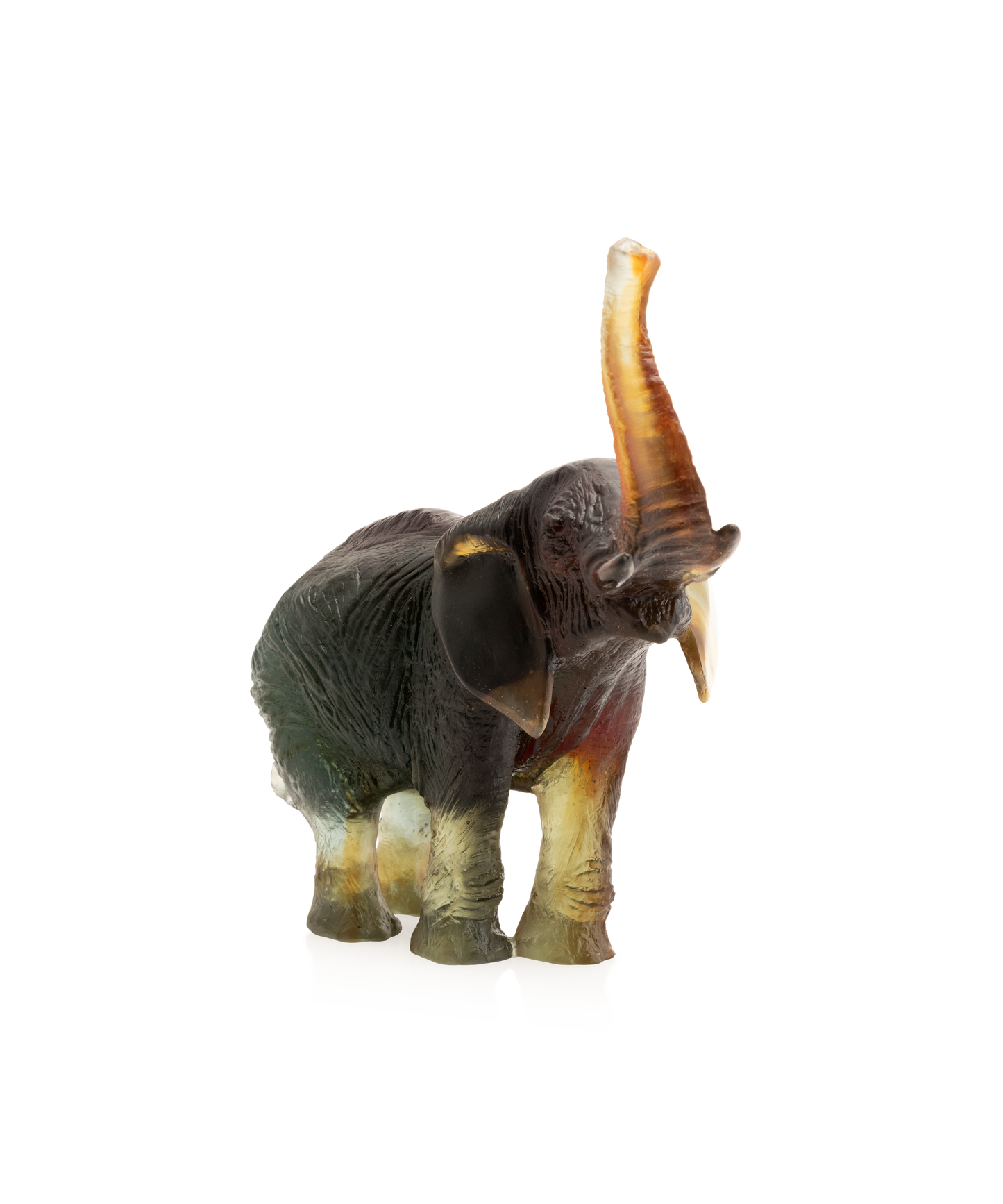 Éléphant moyen modèle en verre vert et ambre de Jean-François Leroy par Daum, sculpture artistique en verre coloré.