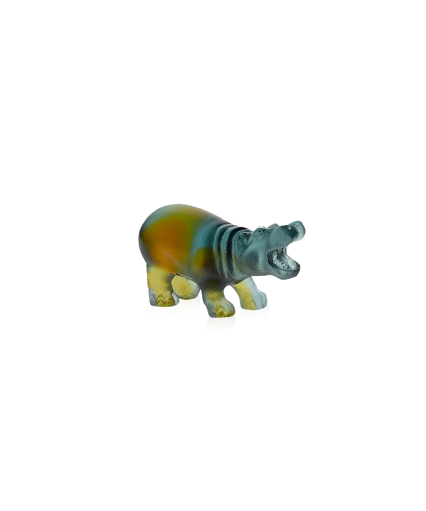 Mini hippopotame en verre Daum, sculpture artistique en cristal avec détails colorés, décor élégant et original pour la maison.