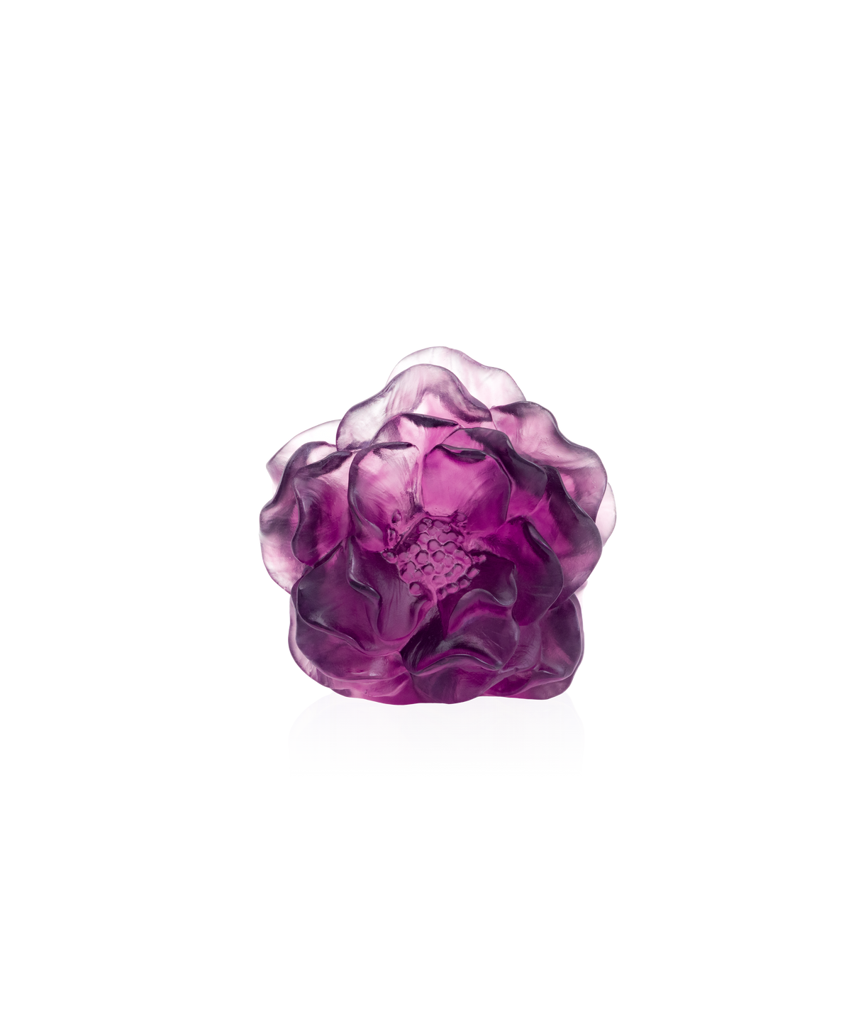 Fleur décorative Camélia violette en verre de la marque Daum, avec détails élégants et finition brillante.