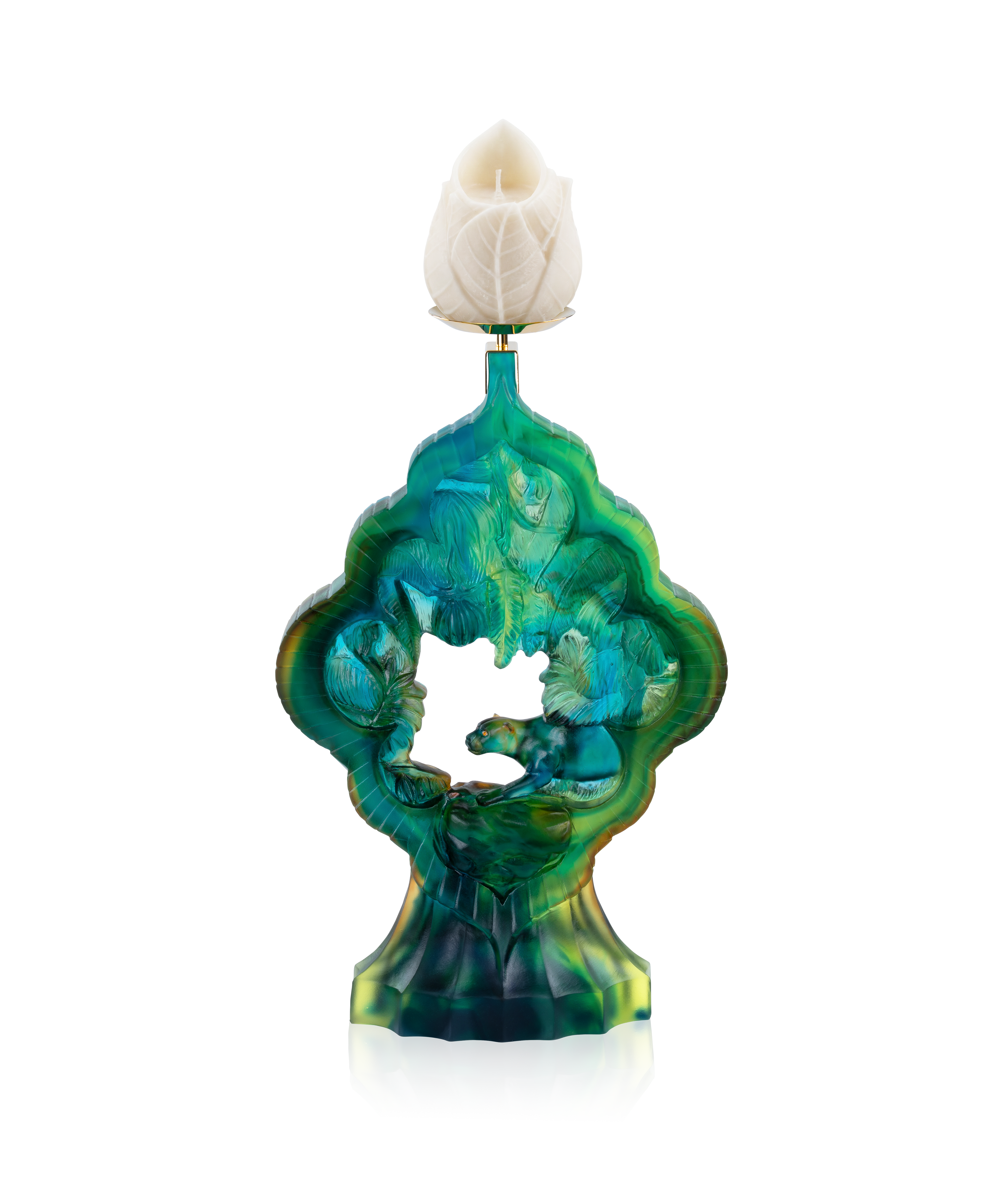 Bougeoir en verre Daum Intérieur Le Trésor Perdu avec motif de panthère, 25 cm, décoration élégante et artistique