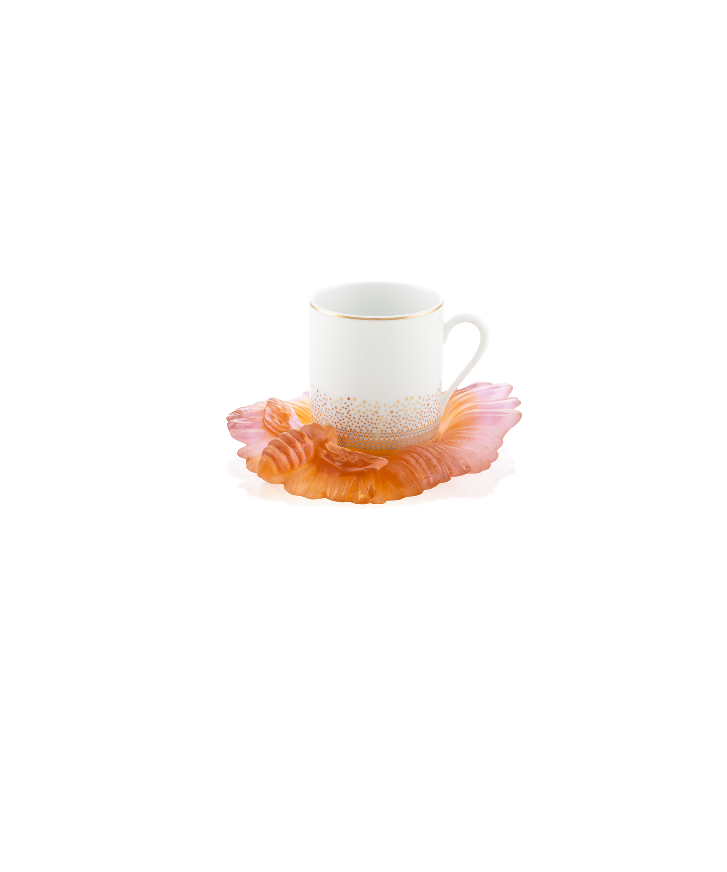 Deux tasses à café en cristal Daum Intérieur avec soucoupes, élégantes et transparentes, dans un coffret d'abeille.