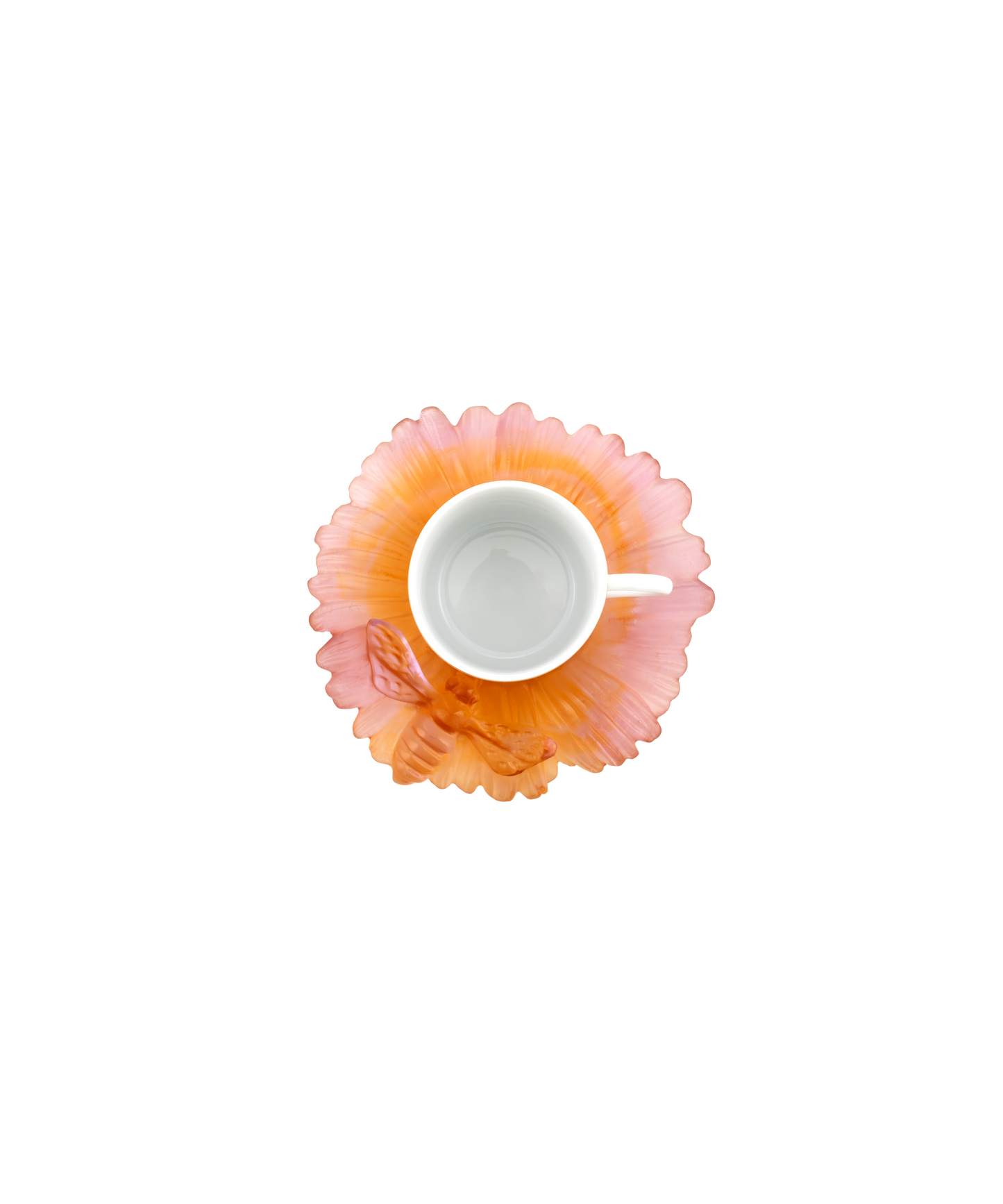 Deux tasses à café en cristal Daum Intérieur avec soucoupes, élégantes et transparentes, dans un coffret cadeau.