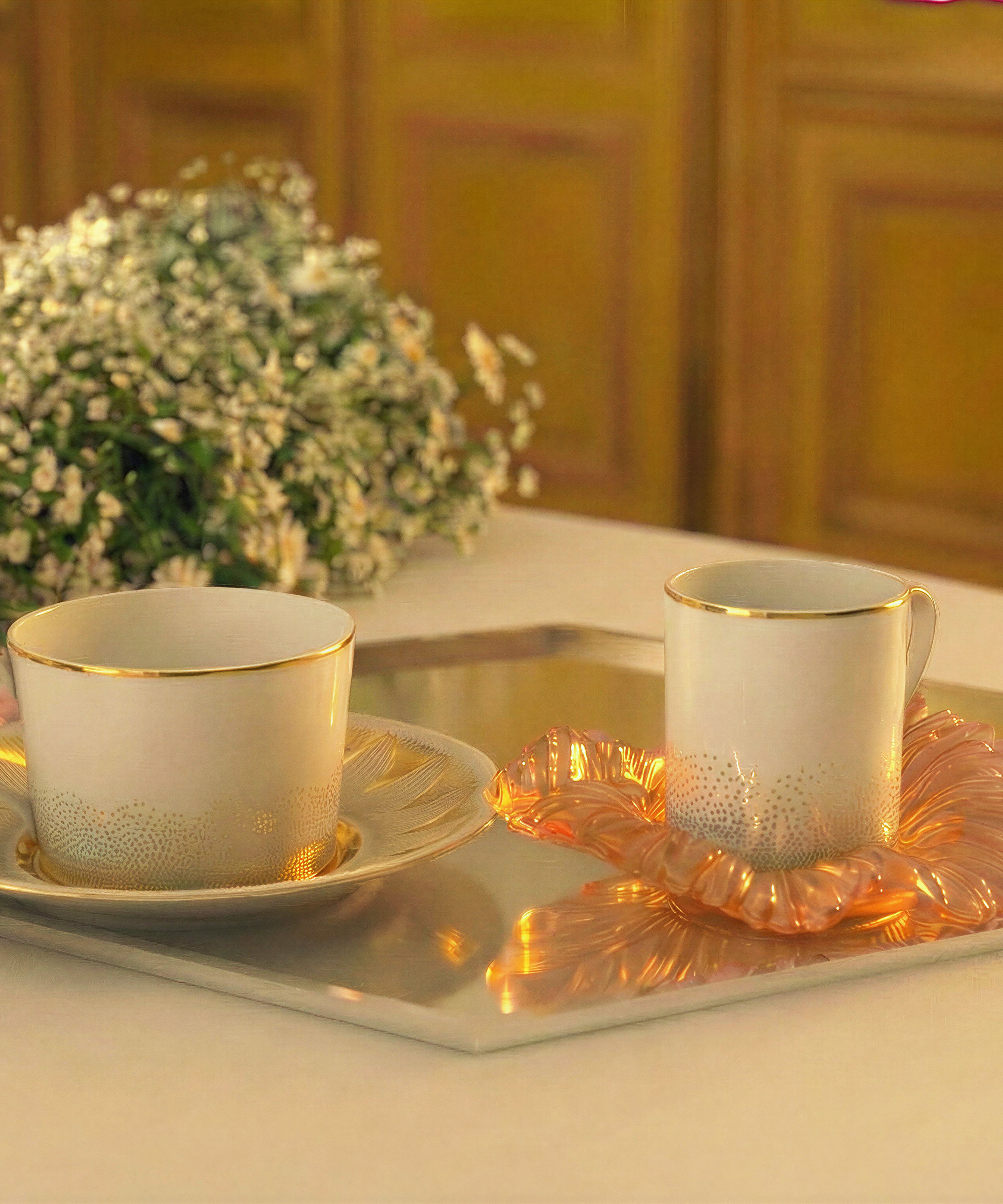 Or d'Abeille Coffret de 2 tasses à café avec soucoupe cristal