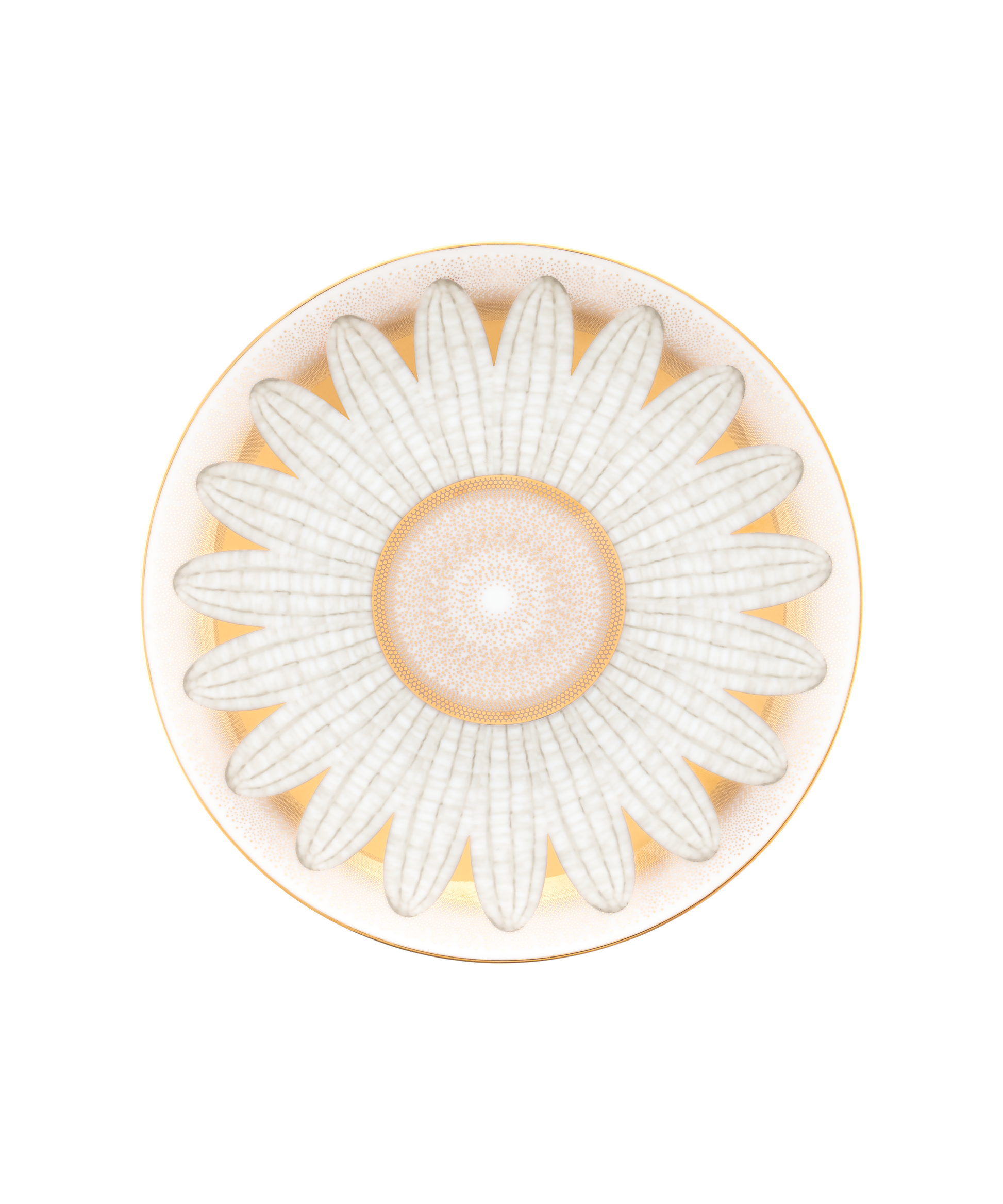 Deux assiettes à dessert en or d'abeille de la marque Daum Intérieur, présentées sur une surface élégante.