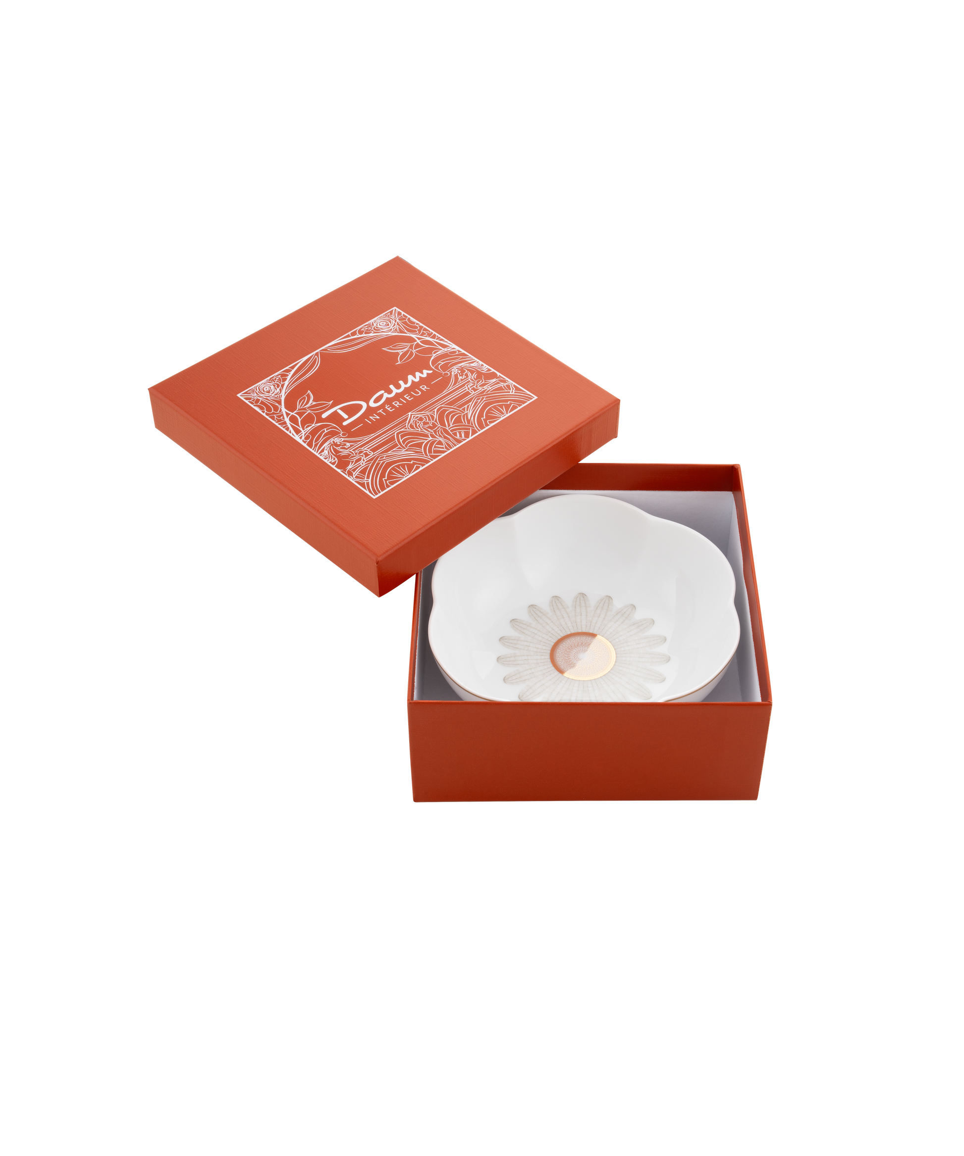 Deux coupes saveur fleur en or d'abeille de la marque Daum Intérieur, élégantes et délicates, visibles sur un fond clair.