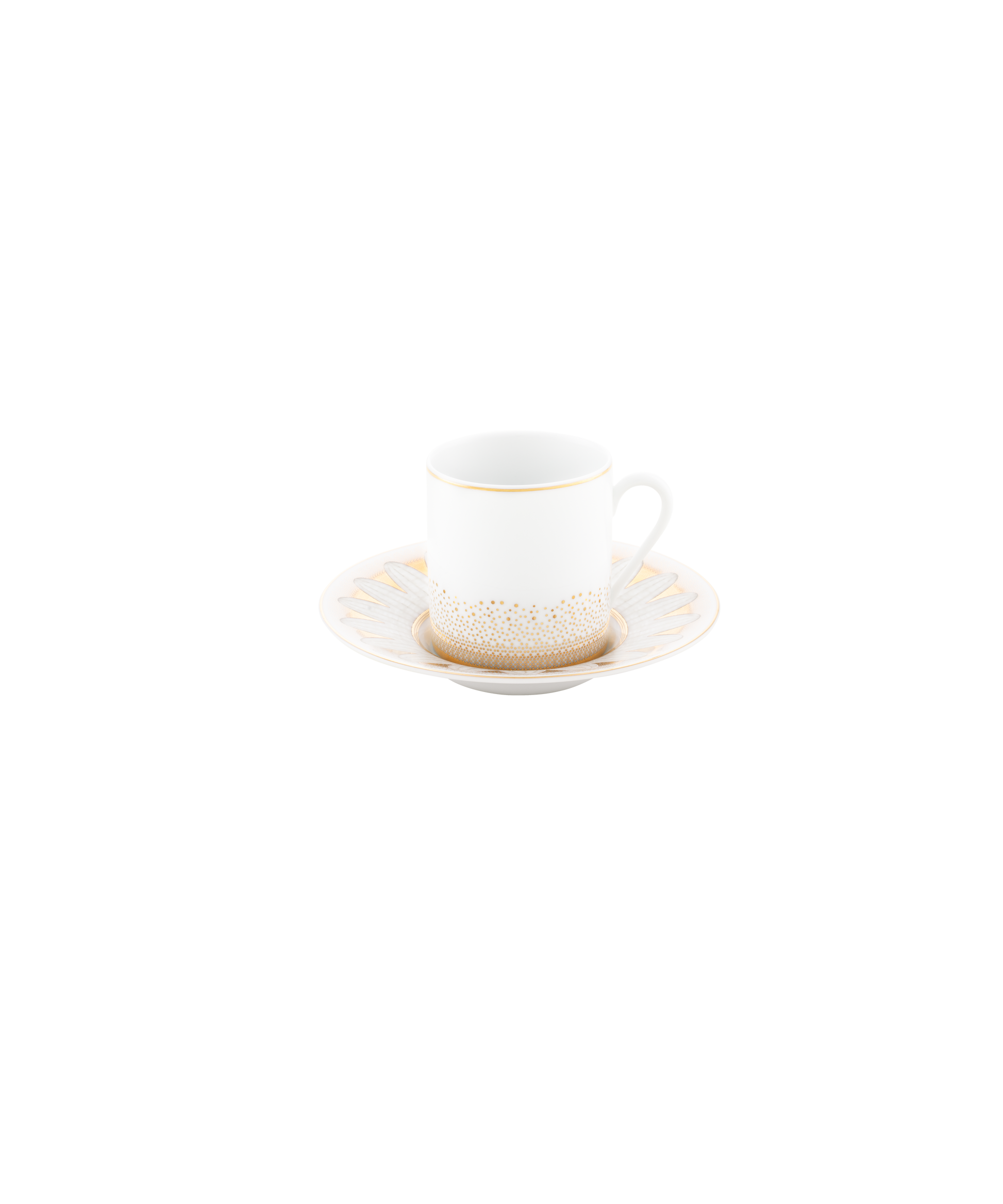 Deux tasses à café en porcelaine avec soucoupes, coffret Or d'Abeille, par Daum Intérieur, design élégant et raffiné.