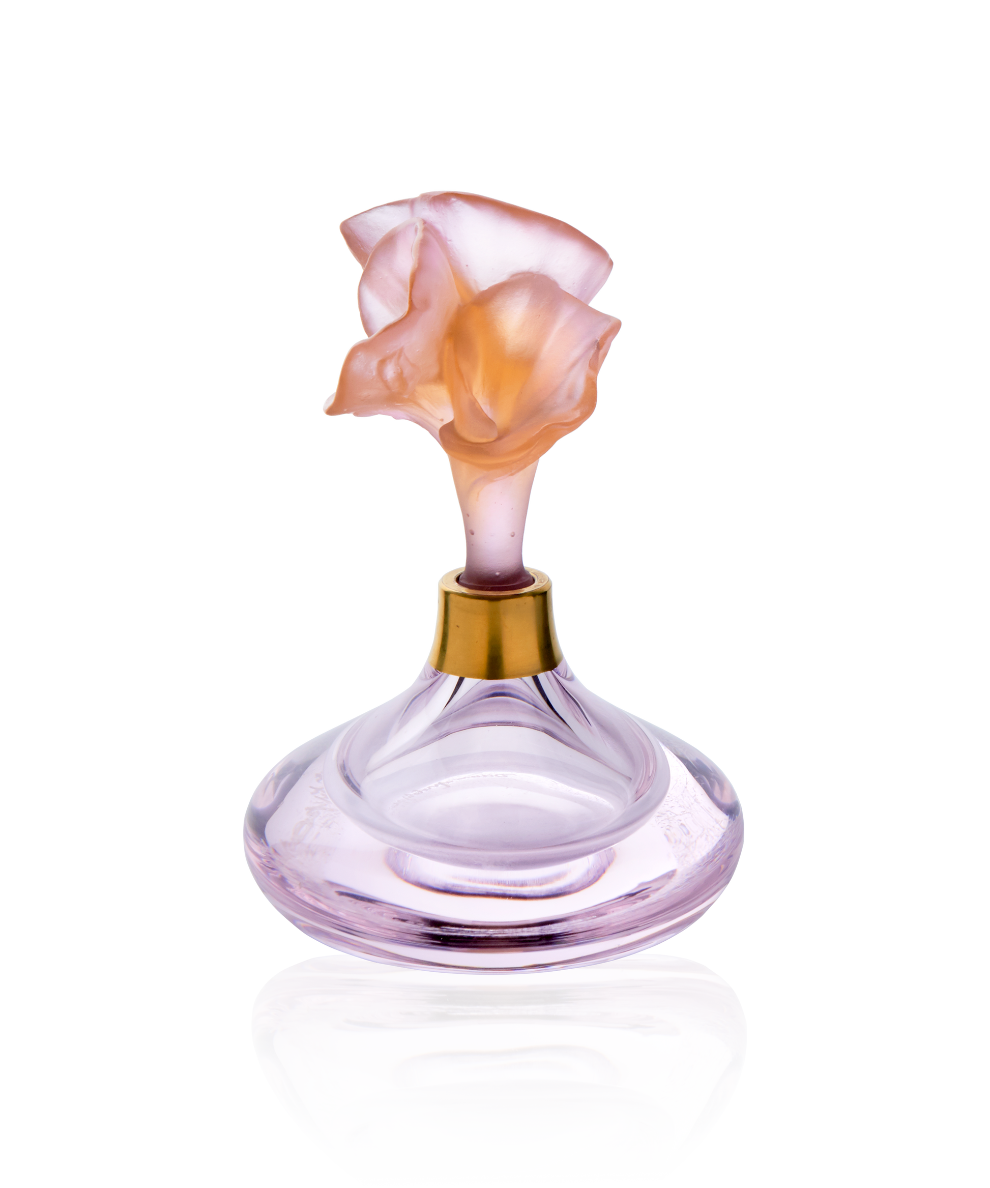 Flacon à parfum Daum Arum en verre avec parfum Ambre-Rose, élégante bouteille de parfum avec capuchon doré.