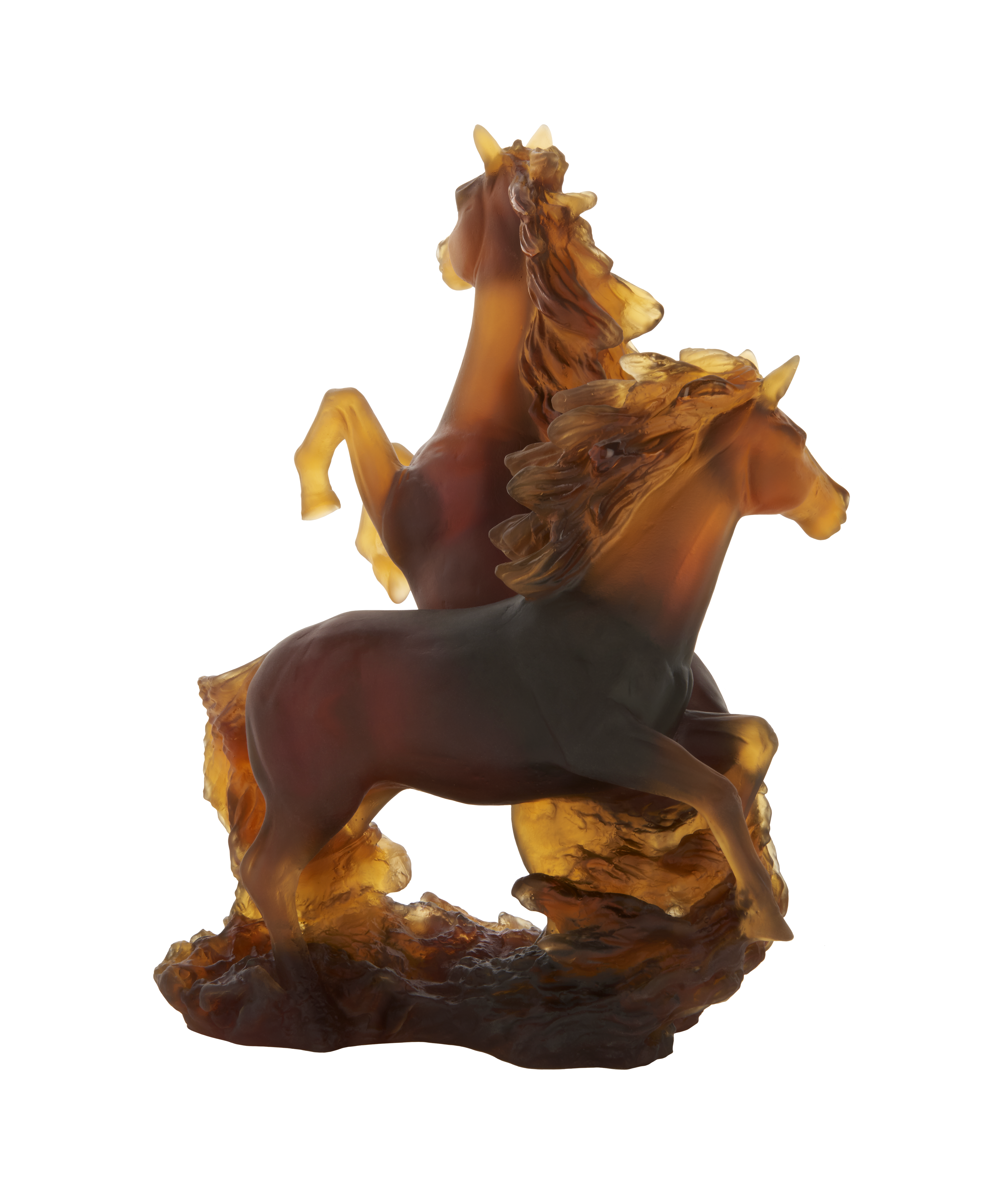 Sculpture Cavalcade deux chevaux en cristal Daum, œuvre artistique en verre transparent et détaillé.