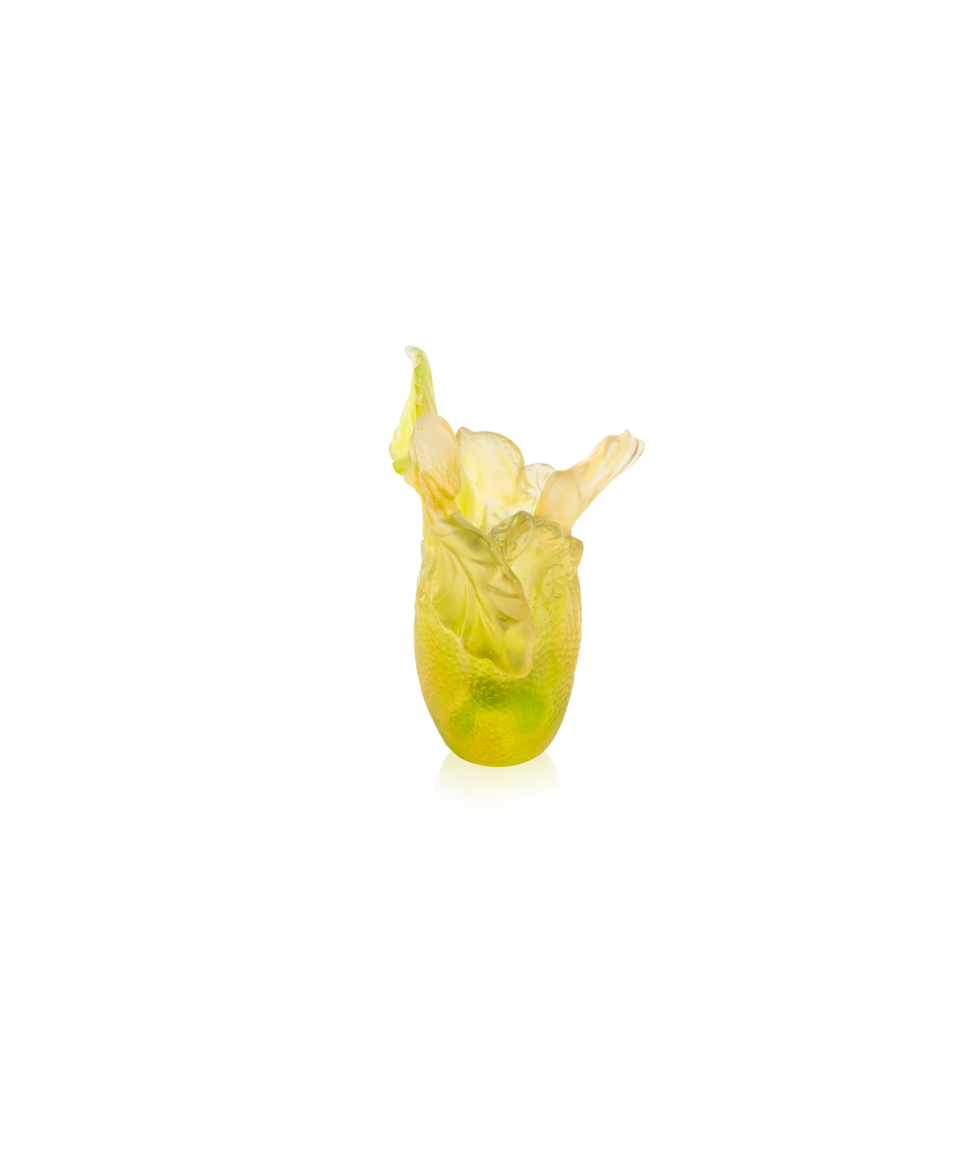 Vase petit modèle Citrus de la marque Daum, en verre coloré avec motif citrus, posé sur une surface neutre.
