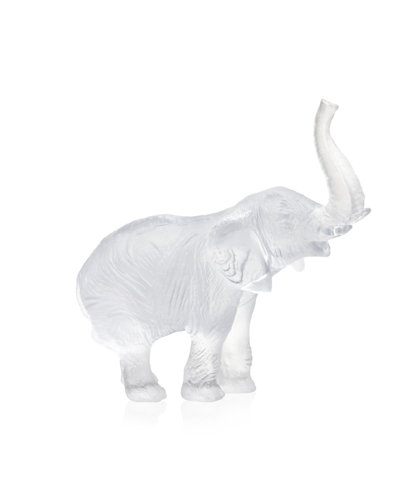 Éléphant moyen en cristal blanc de Jean-François Leroy, sculpture artistique signée Daum, visible en détail dans l'image.