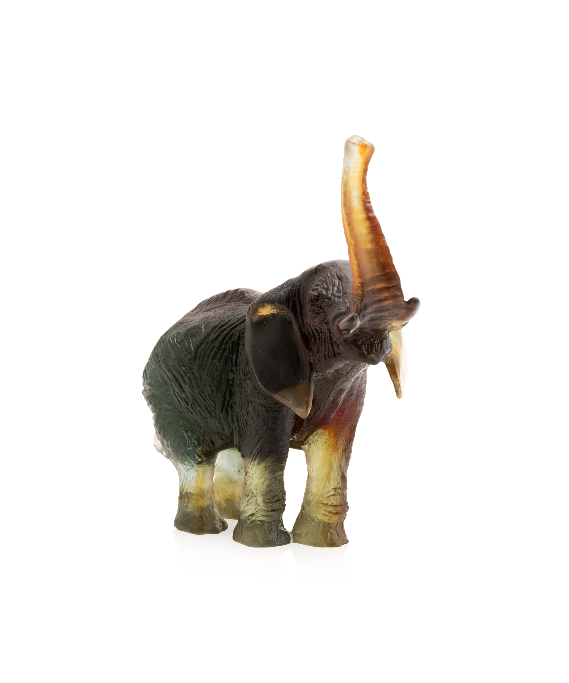 Éléphant moyen modèle en verre vert et ambre de Jean-François Leroy par Daum, sculpture artistique en verre coloré.
