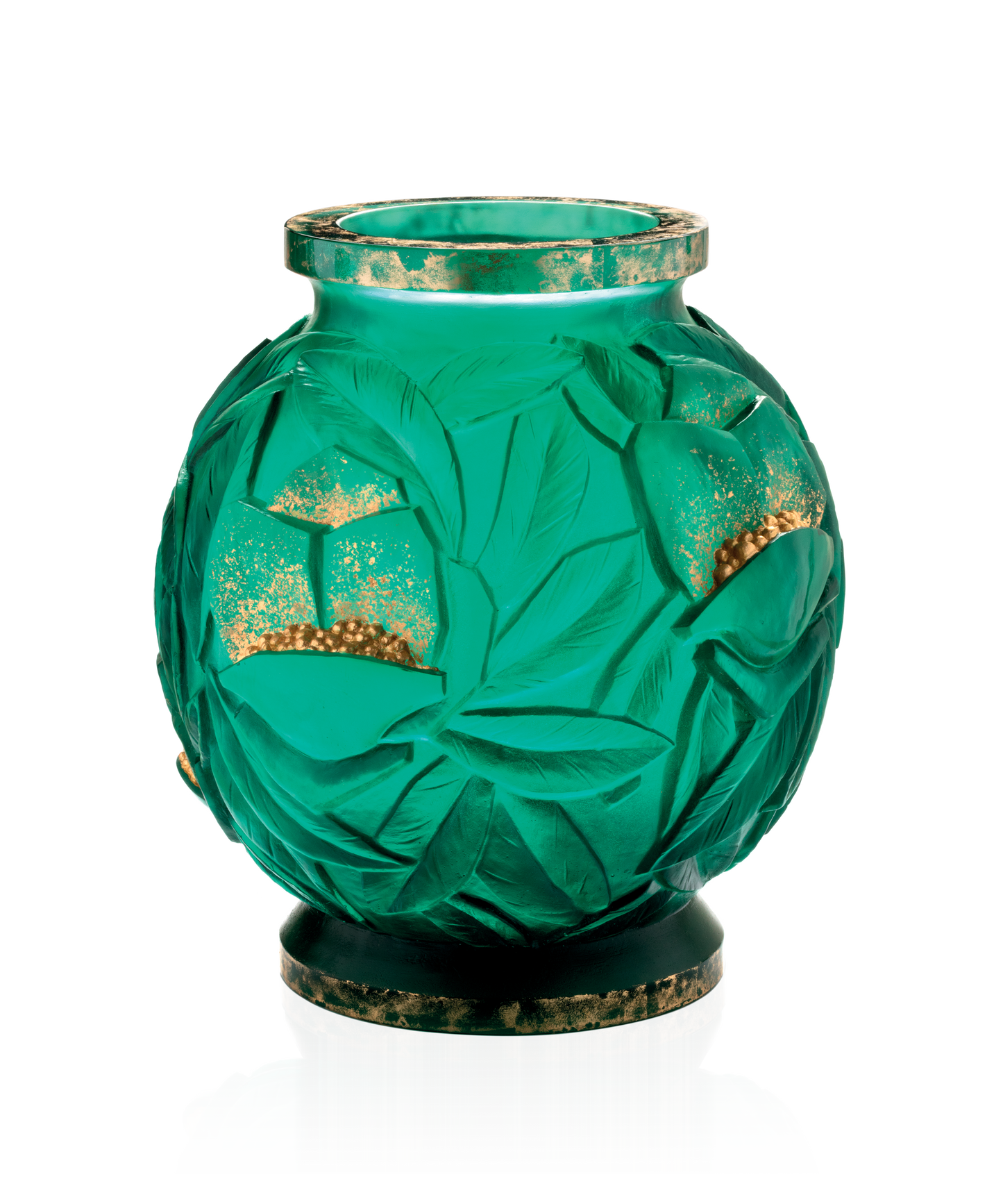 Vase grand modèle Empreinte en verre vert avec finition or signé Daum, design élégant et artistique.
