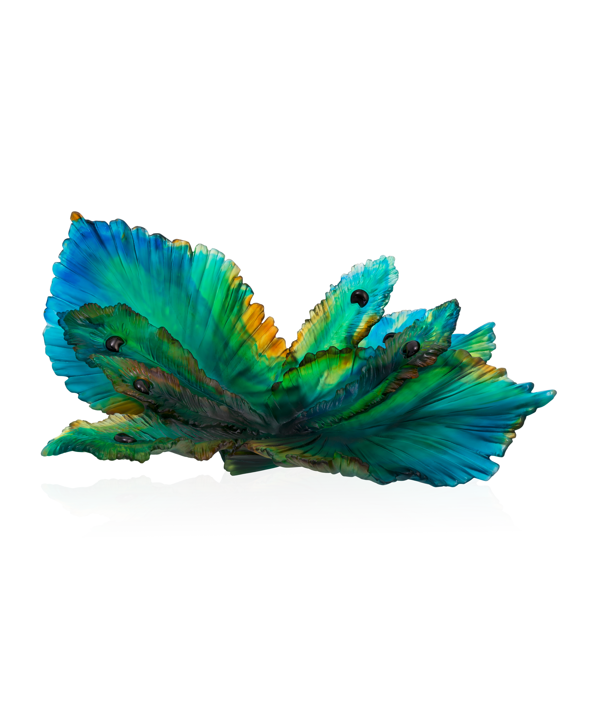 Centre de table Fleur de Paon de Daum avec motif floral en verre coloré, pièce décorative élégante.