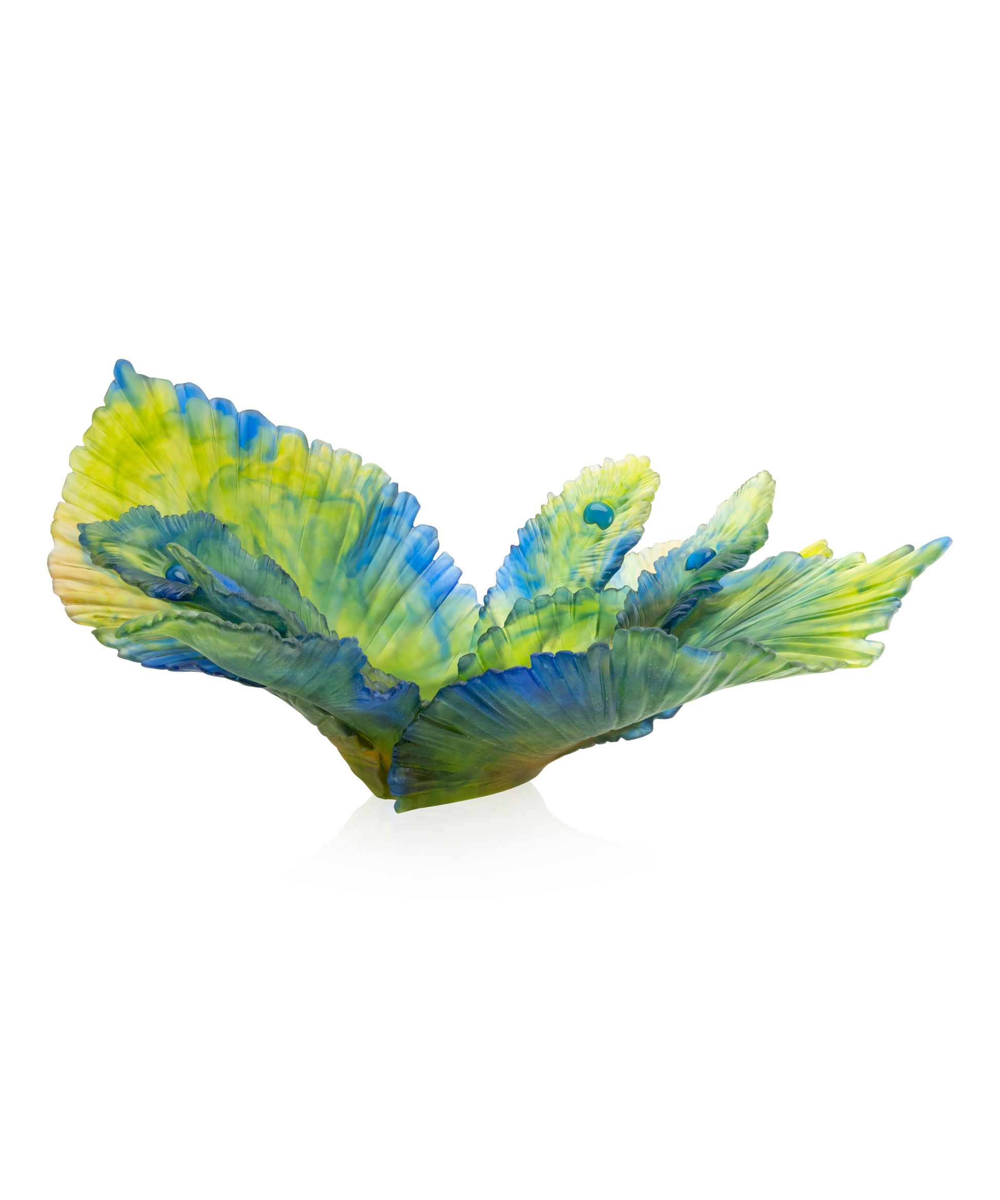 Centre de table Fleur de Paon Exotique de Daum, décoration en verre coloré avec motifs de paon exotique.