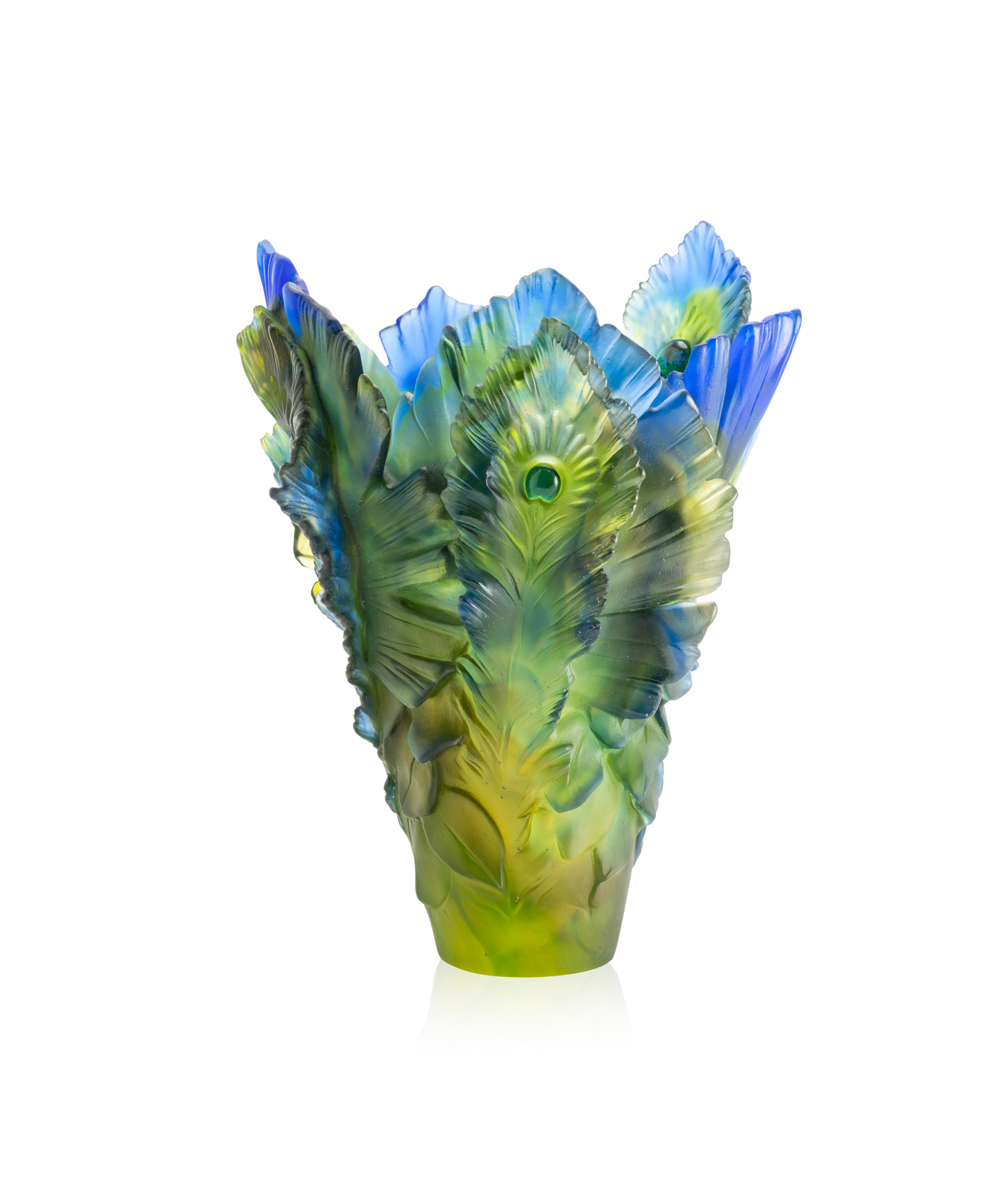 Vase grand modèle Fleur de Paon Exotique en verre Daum, décoration élégante avec motif de paon coloré.