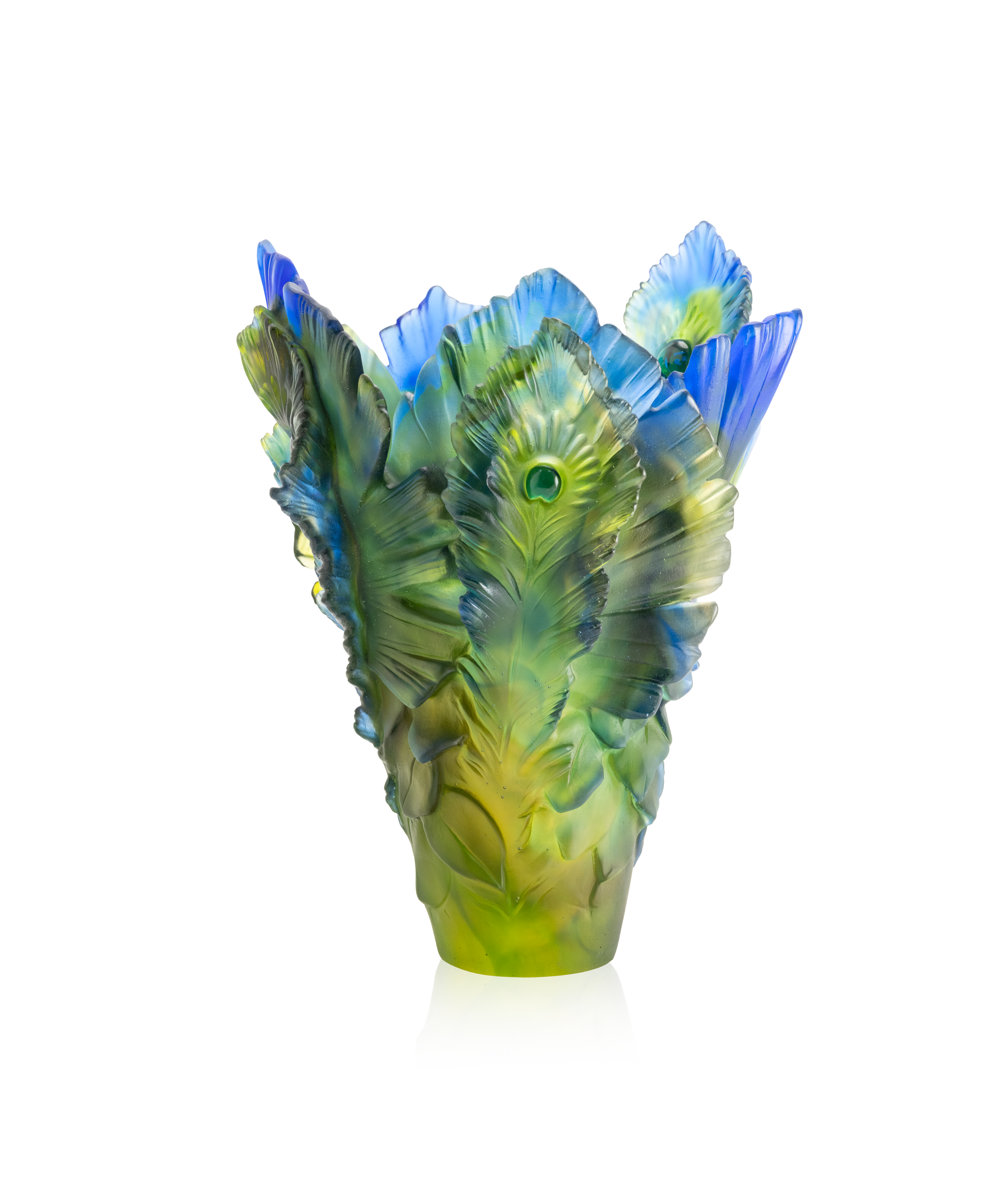 Vase grand modèle Fleur de Paon Exotique en verre Daum, décoration élégante avec motif de paon coloré.