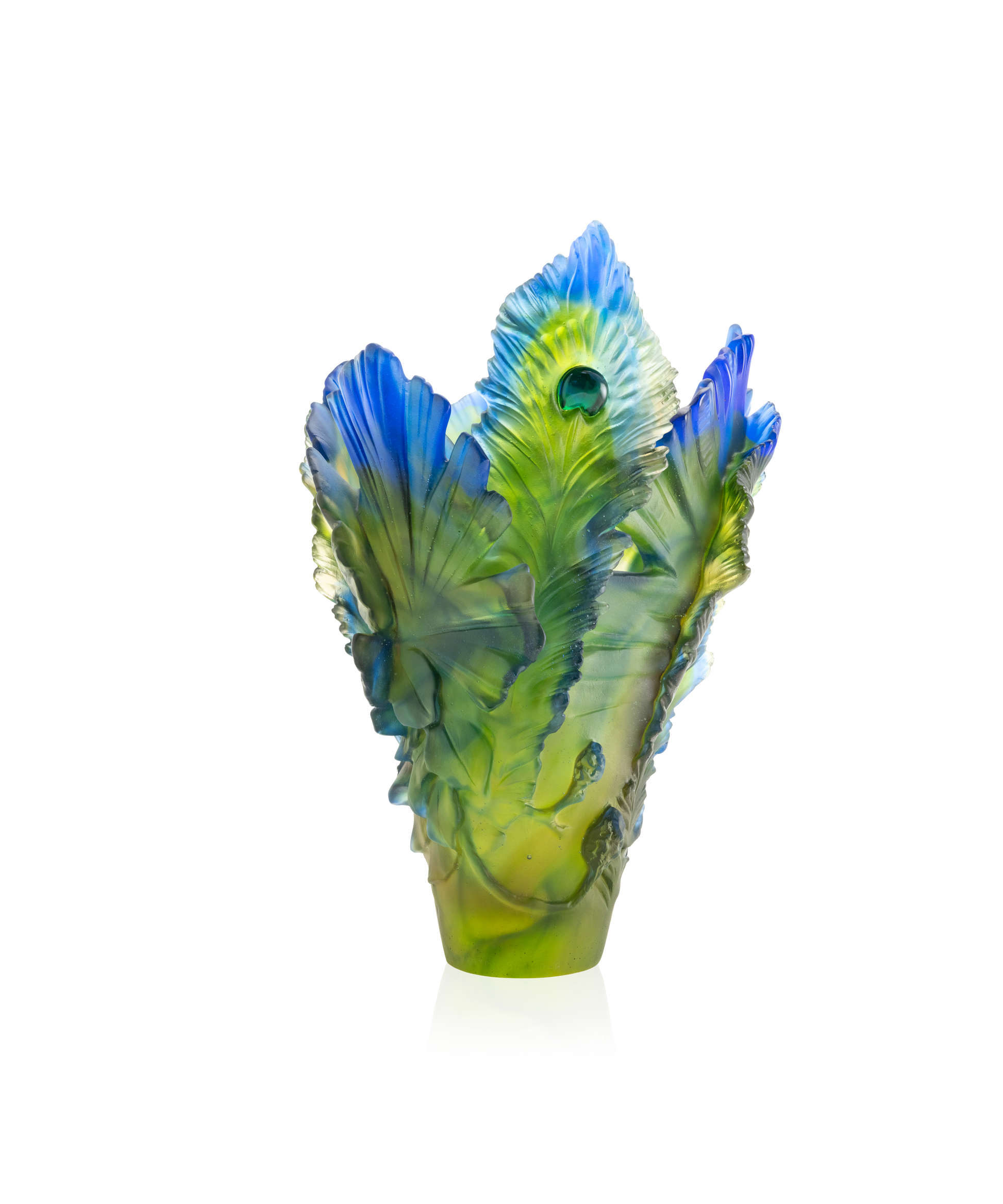 Vase grand modèle Fleur de Paon Exotique en verre Daum, décoration élégante avec motif floral coloré.
