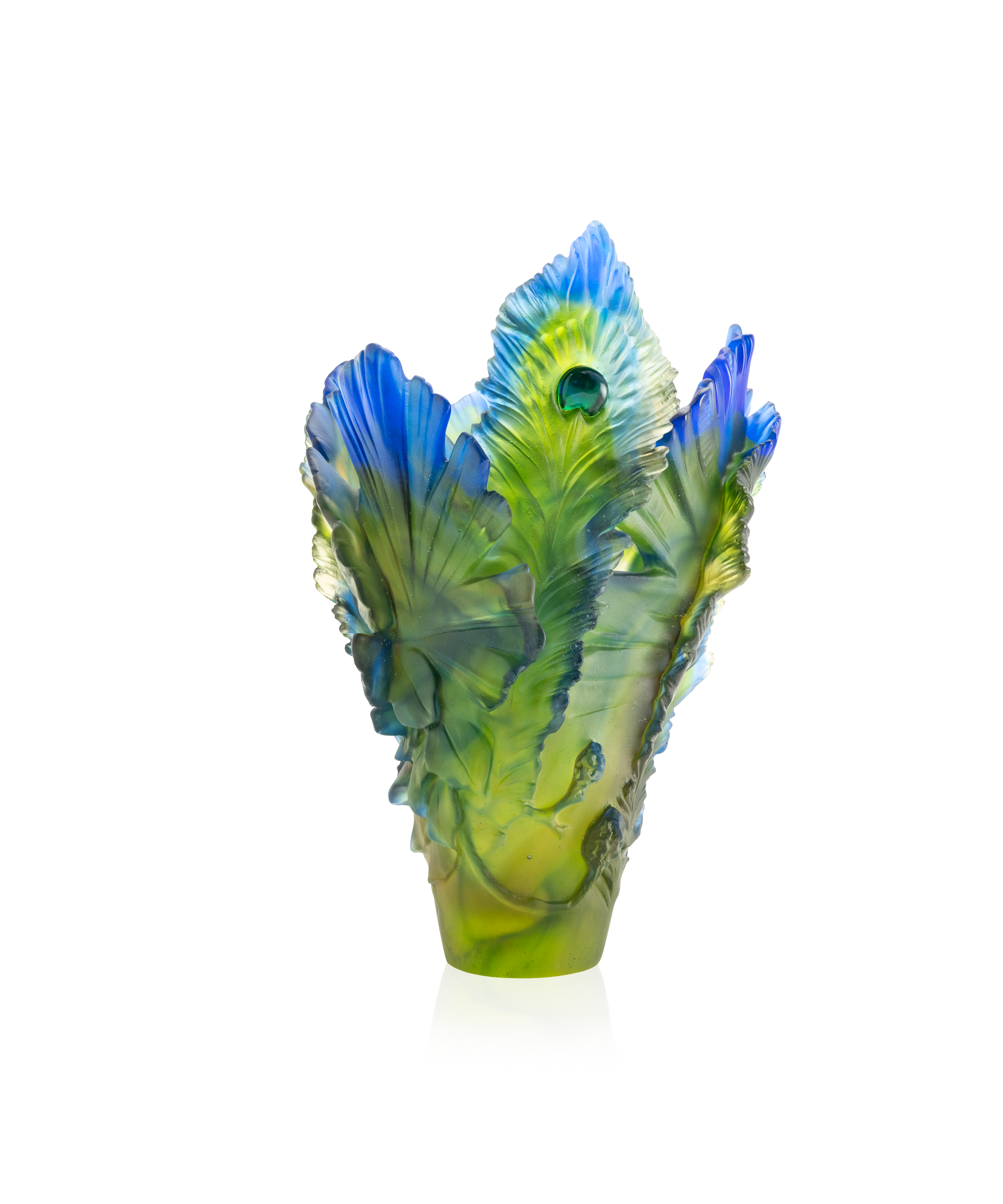 Vase grand modèle Fleur de Paon Exotique en verre Daum, décoration élégante avec motif floral coloré.