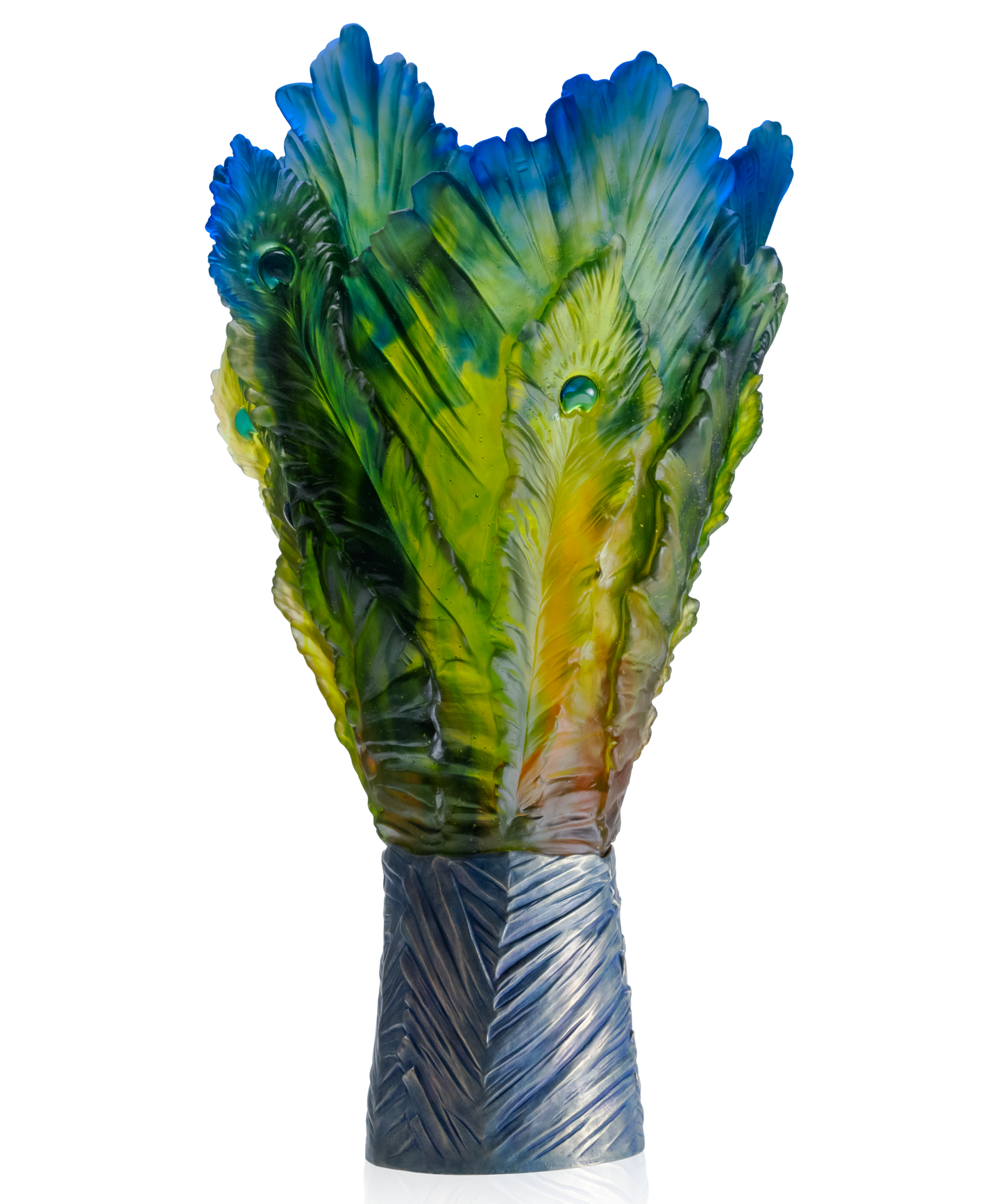 Vase Magnum Fleur de Paon Exotique en verre Daum, design élégant avec motif de paon exotique, grande capacité.