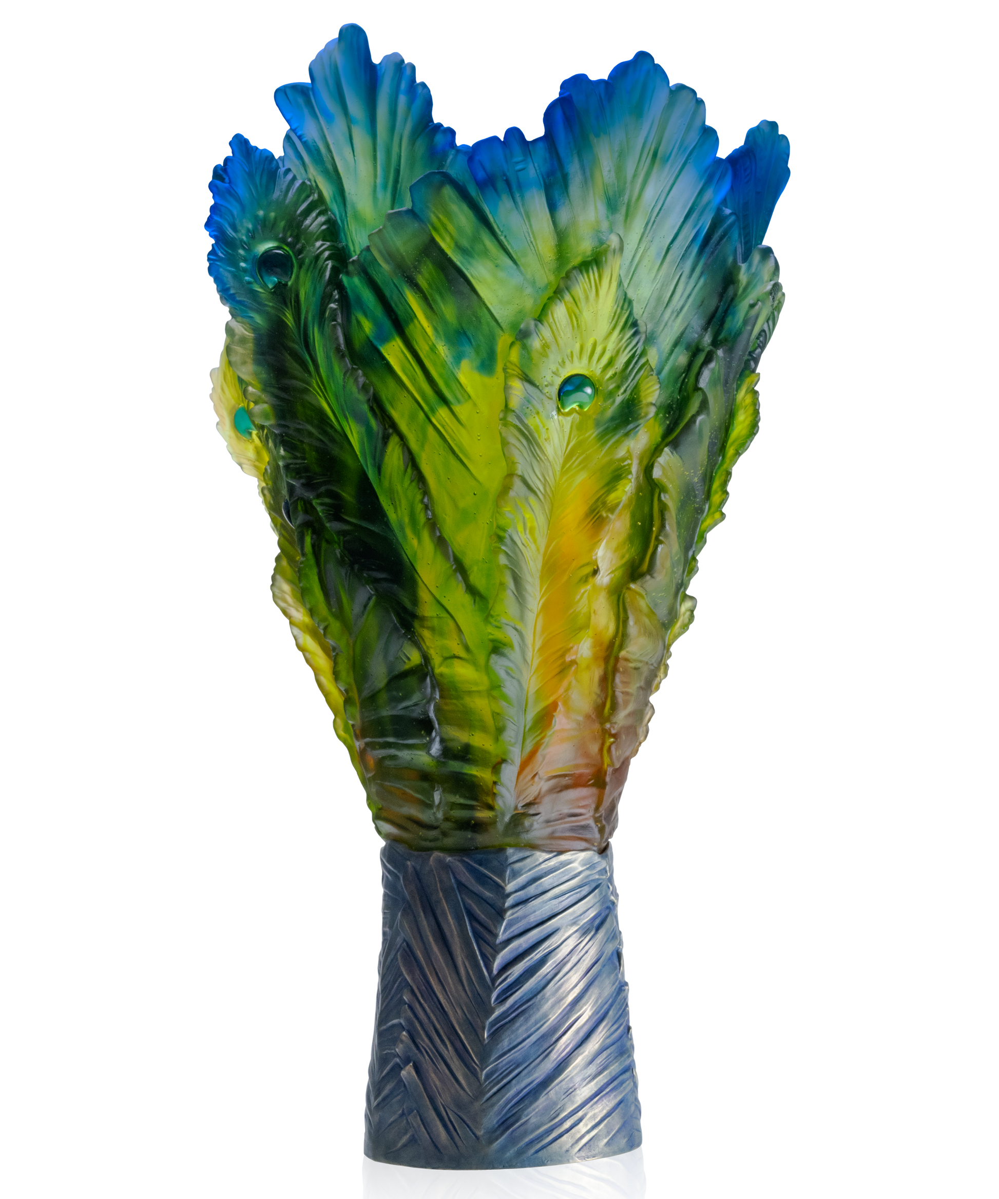 Vase Magnum Fleur de Paon Exotique en verre Daum, design élégant avec motif de paon exotique, grande capacité.