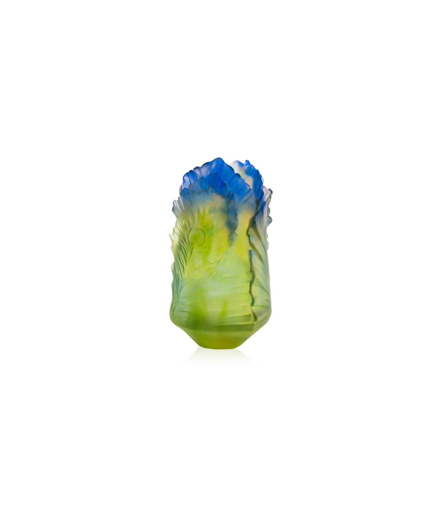 Vase petit modèle Fleur de Paon Exotique en verre Daum avec motif coloré et détails artistiques.