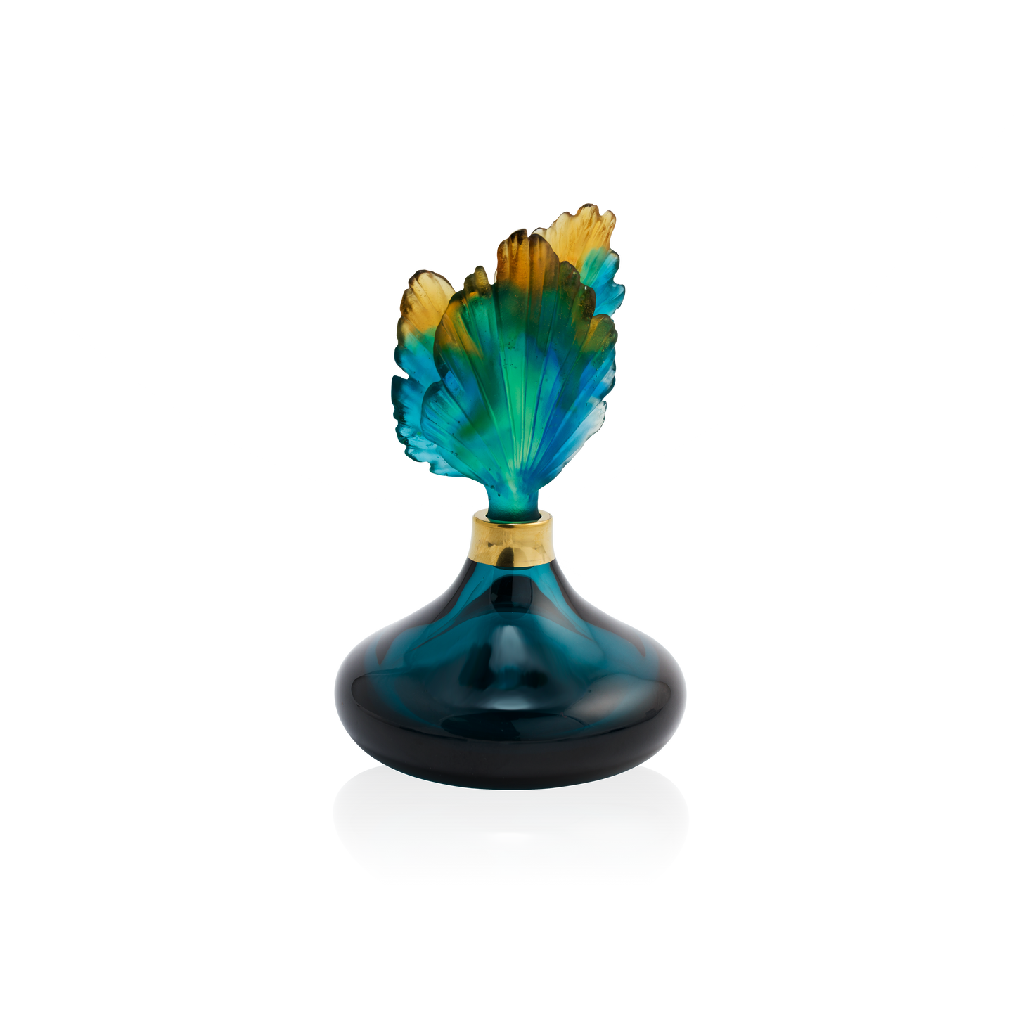 Flacon à parfum Fleur de Paon en verre Daum avec motif floral coloré et détails élégants.