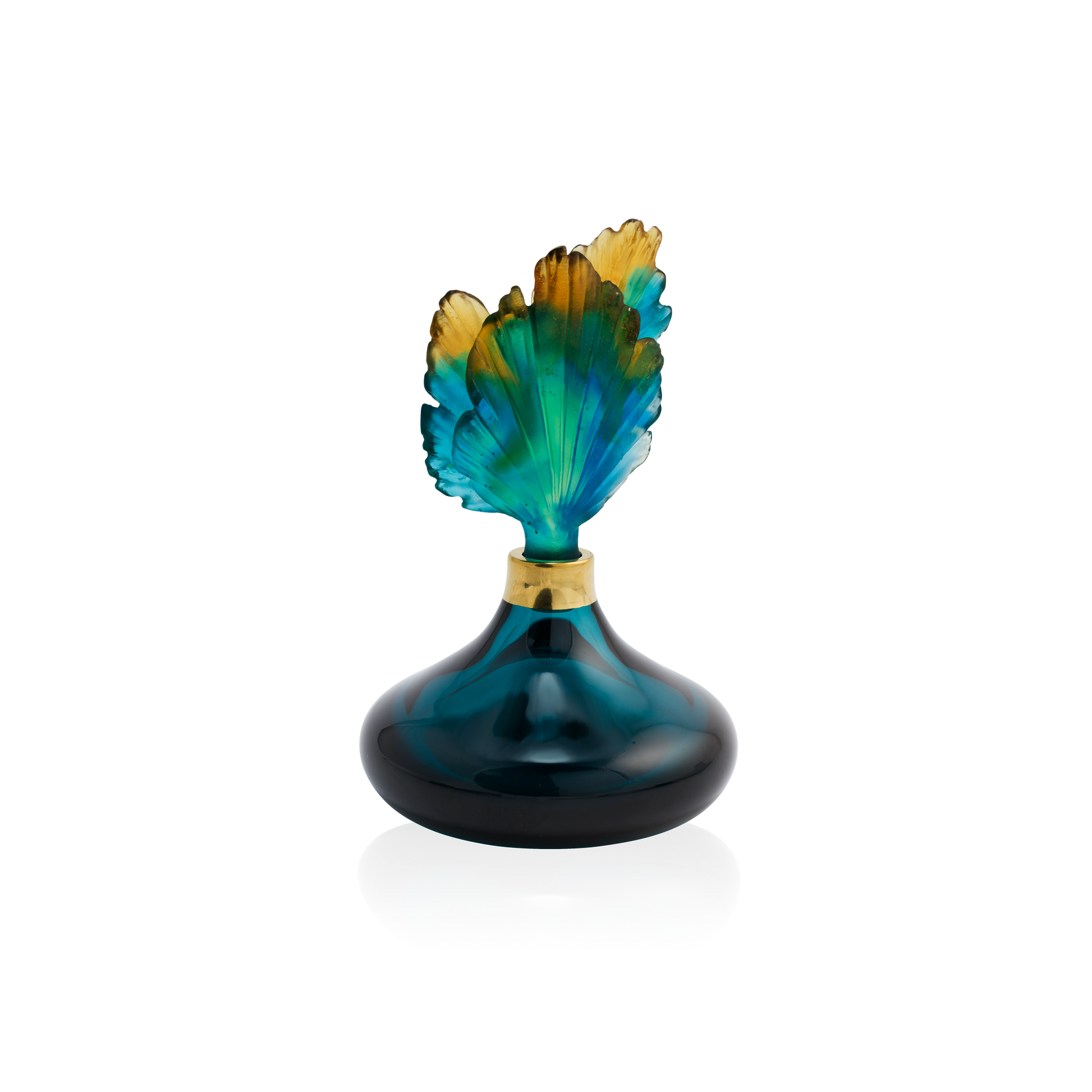 Flacon à parfum Fleur de Paon en verre Daum avec motif floral coloré et détails élégants.