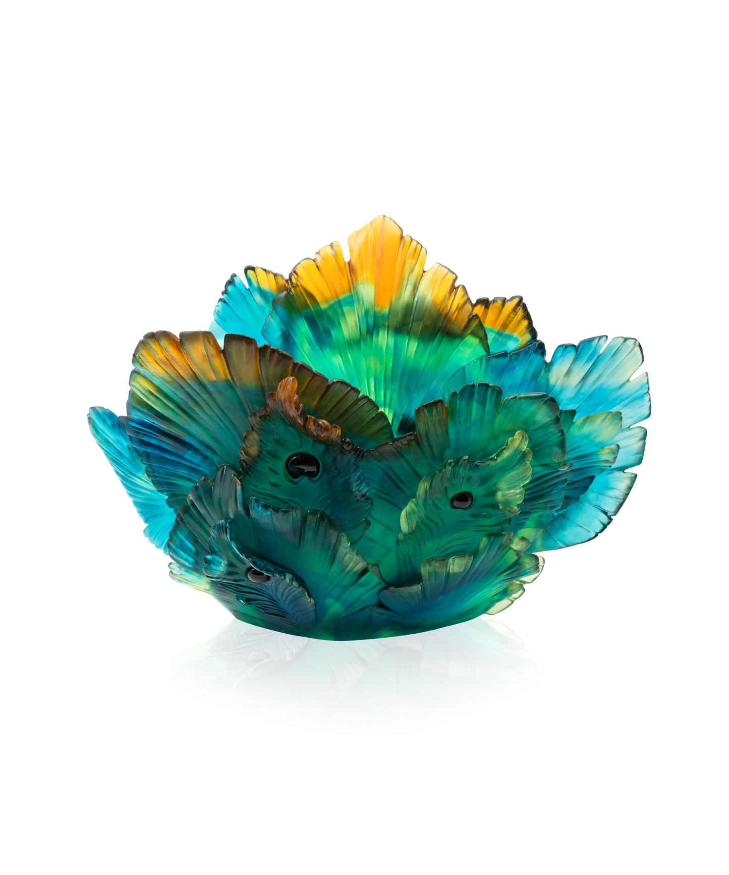 Vase Fleur de Paon en cristal Daum avec motif de plumes colorées, élégant et décoratif pour la maison.
