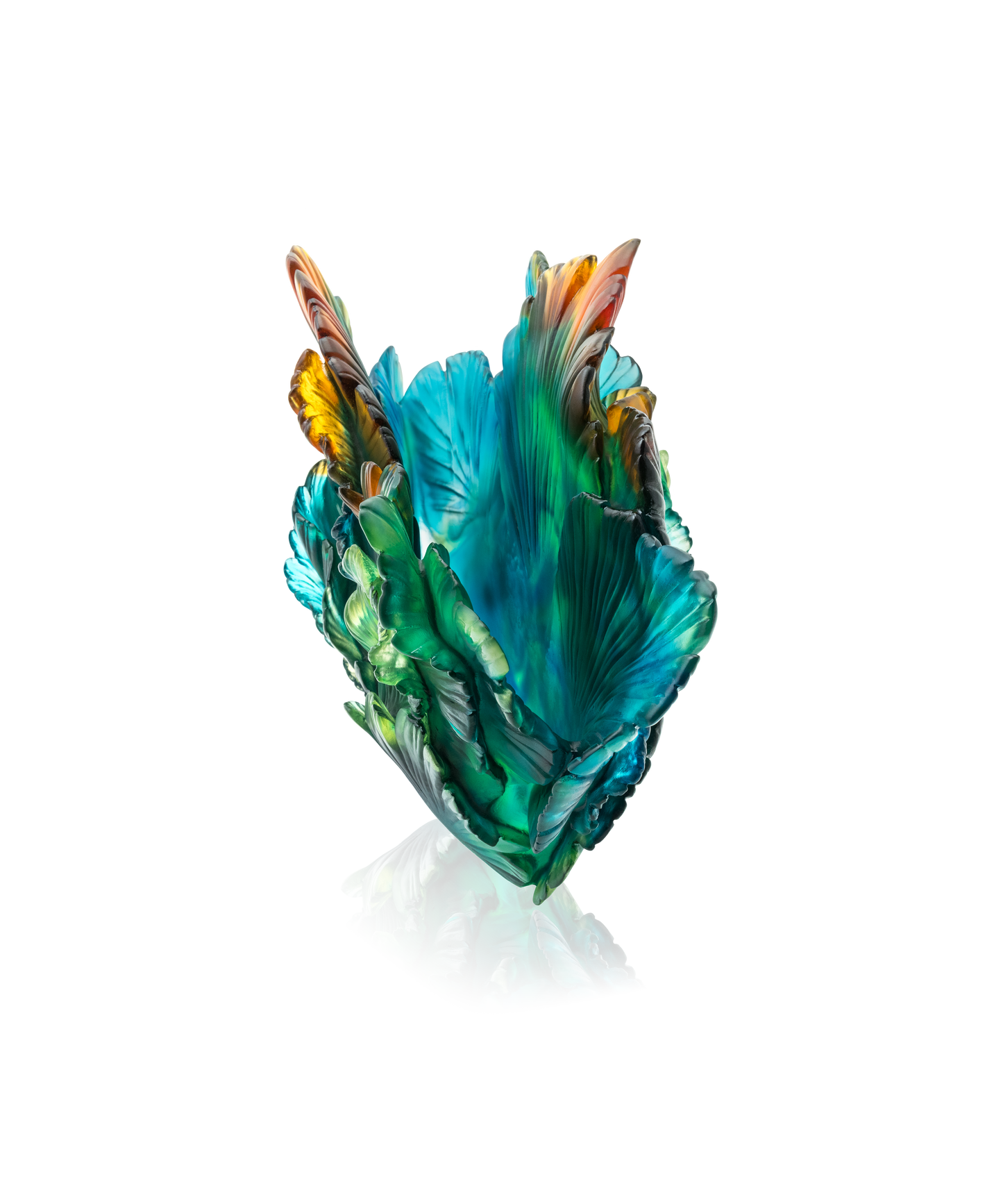Vase Fleur de Paon en verre Daum avec motif coloré de plumes de paon, finition élégante et artisanale.