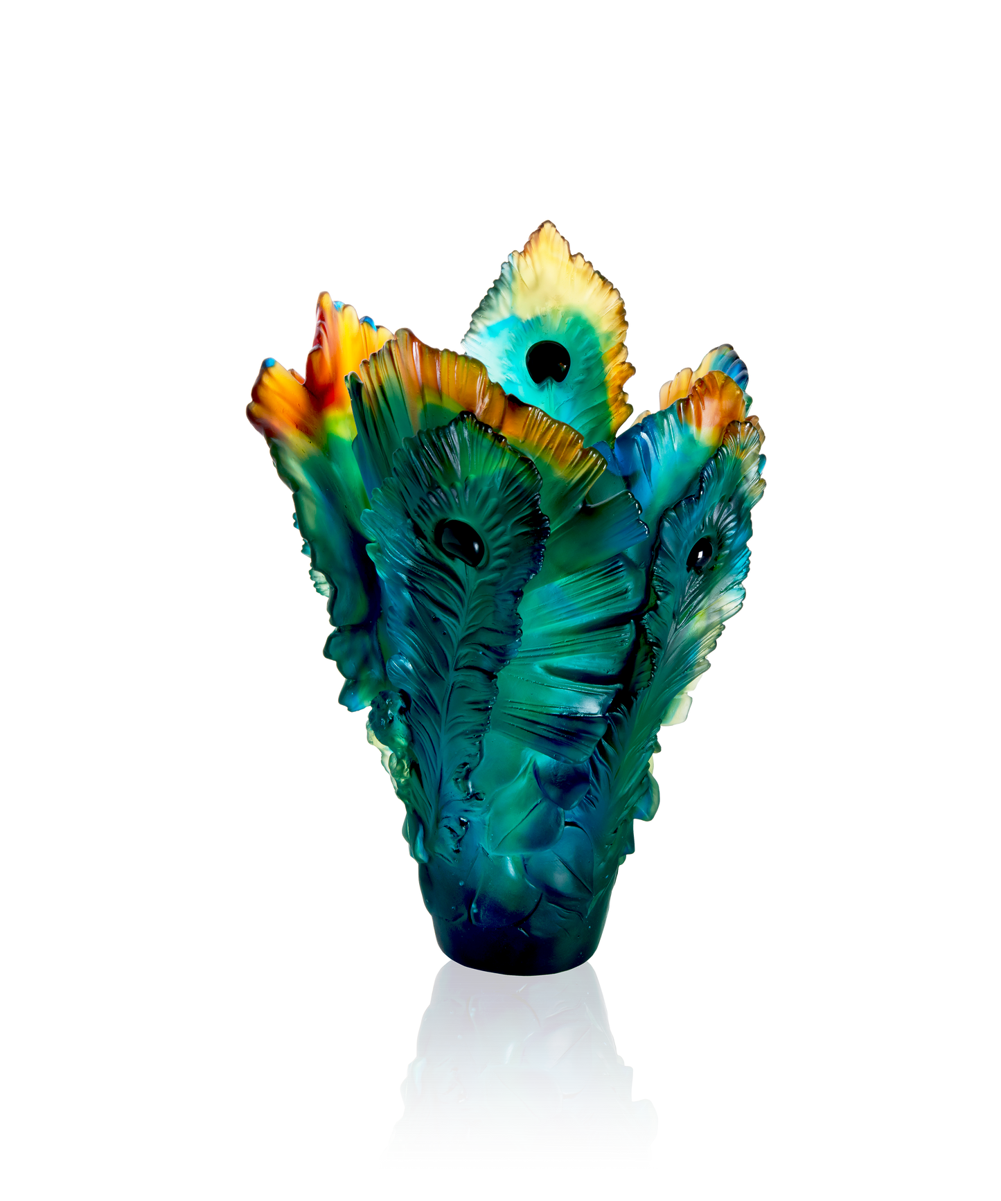 Vase grand modèle Fleur de Paon en verre Daum avec motif coloré et détaillé, décoration élégante pour intérieur.