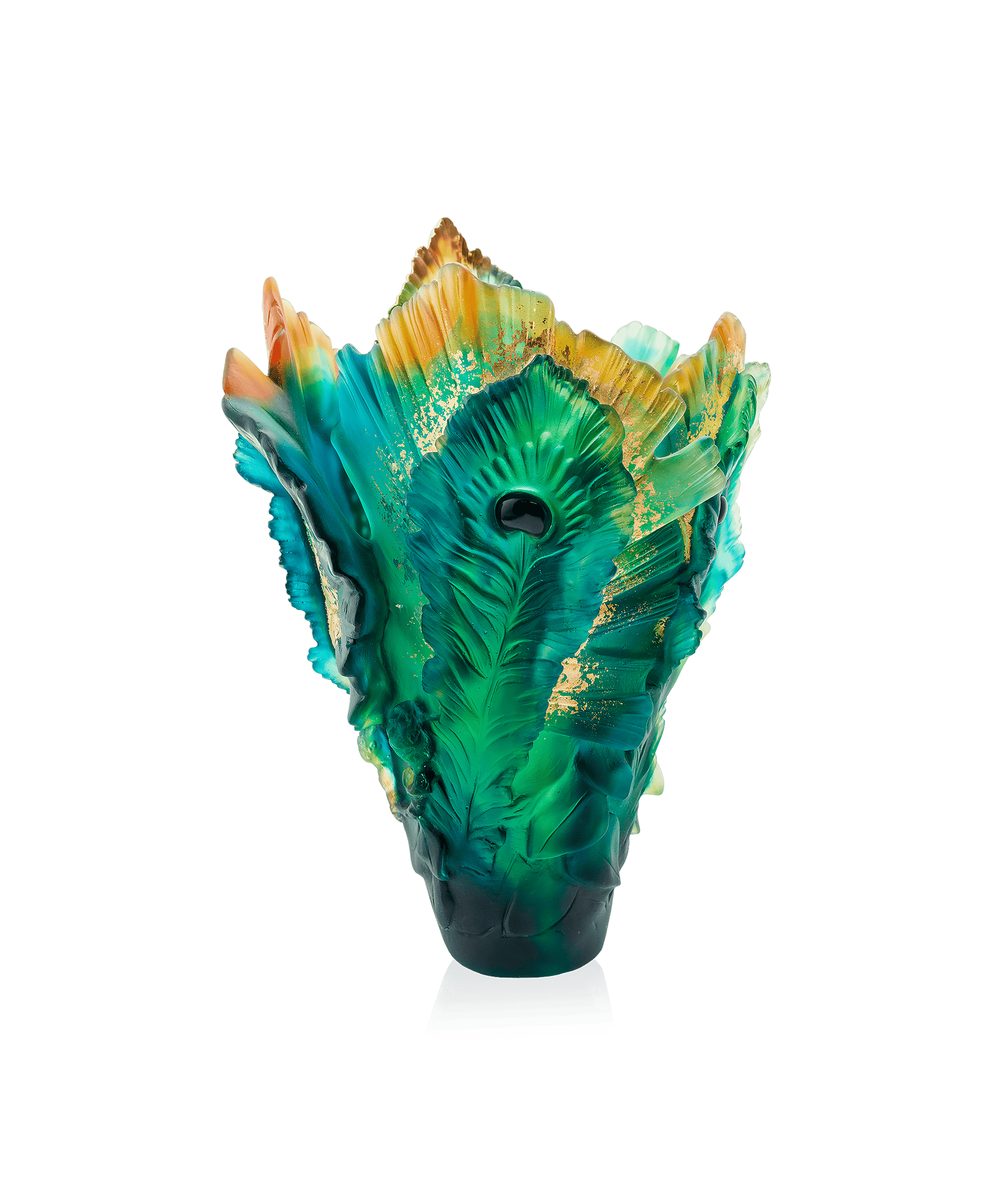 Vase grand modèle Fleur de Paon Daum en verre doré avec finition à la feuille d'or, décor élégant et artistique.