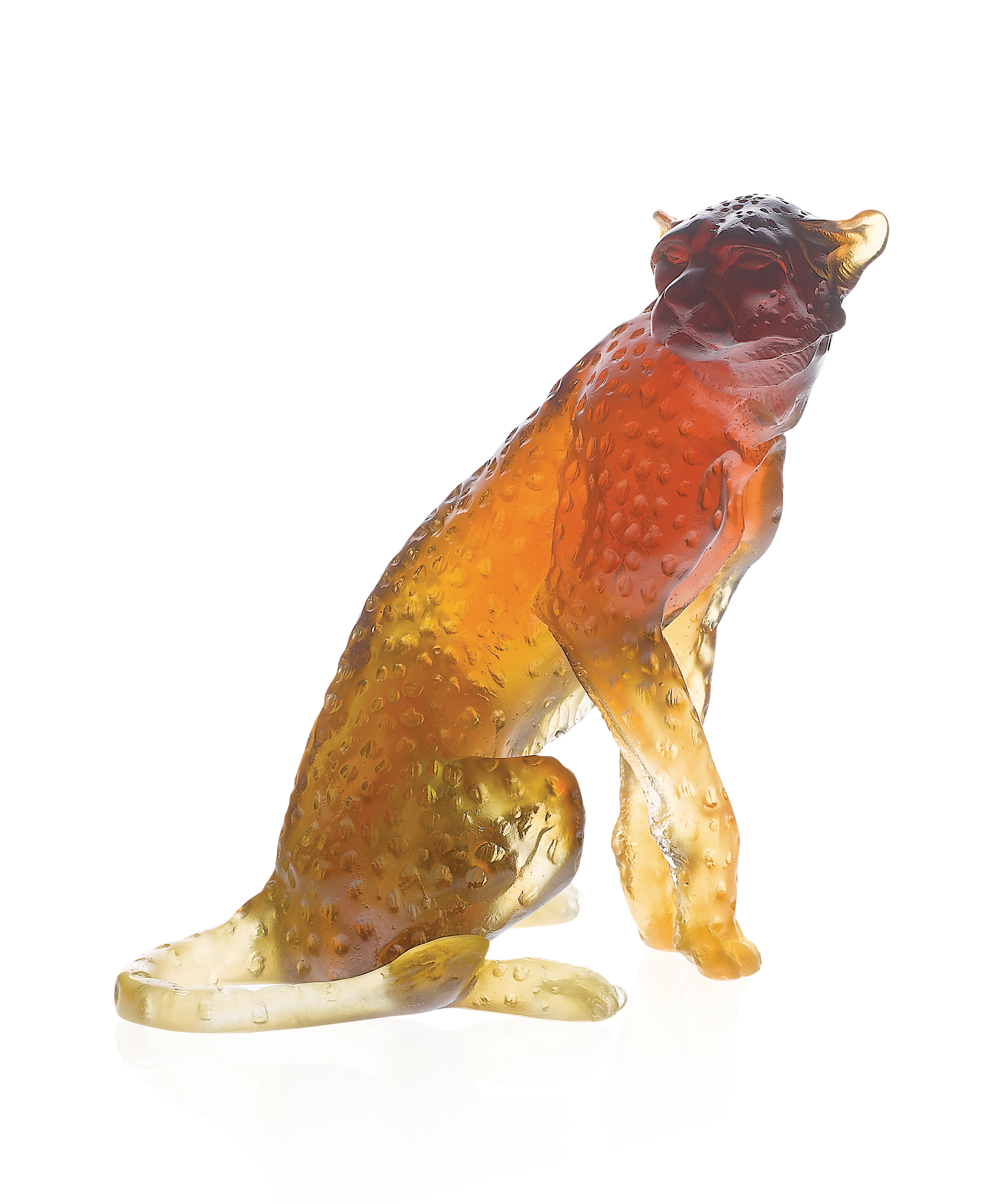 Statue de guépard assis en verre ambre de Daum, œuvre de Jean-François Leroy, finition de haute qualité, sculpture artistique.