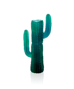 Vase vert Jardin de Cactus de Emilio Robba par Daum, verre coloré avec motif cactus décoratif, présenté sur fond neutre.