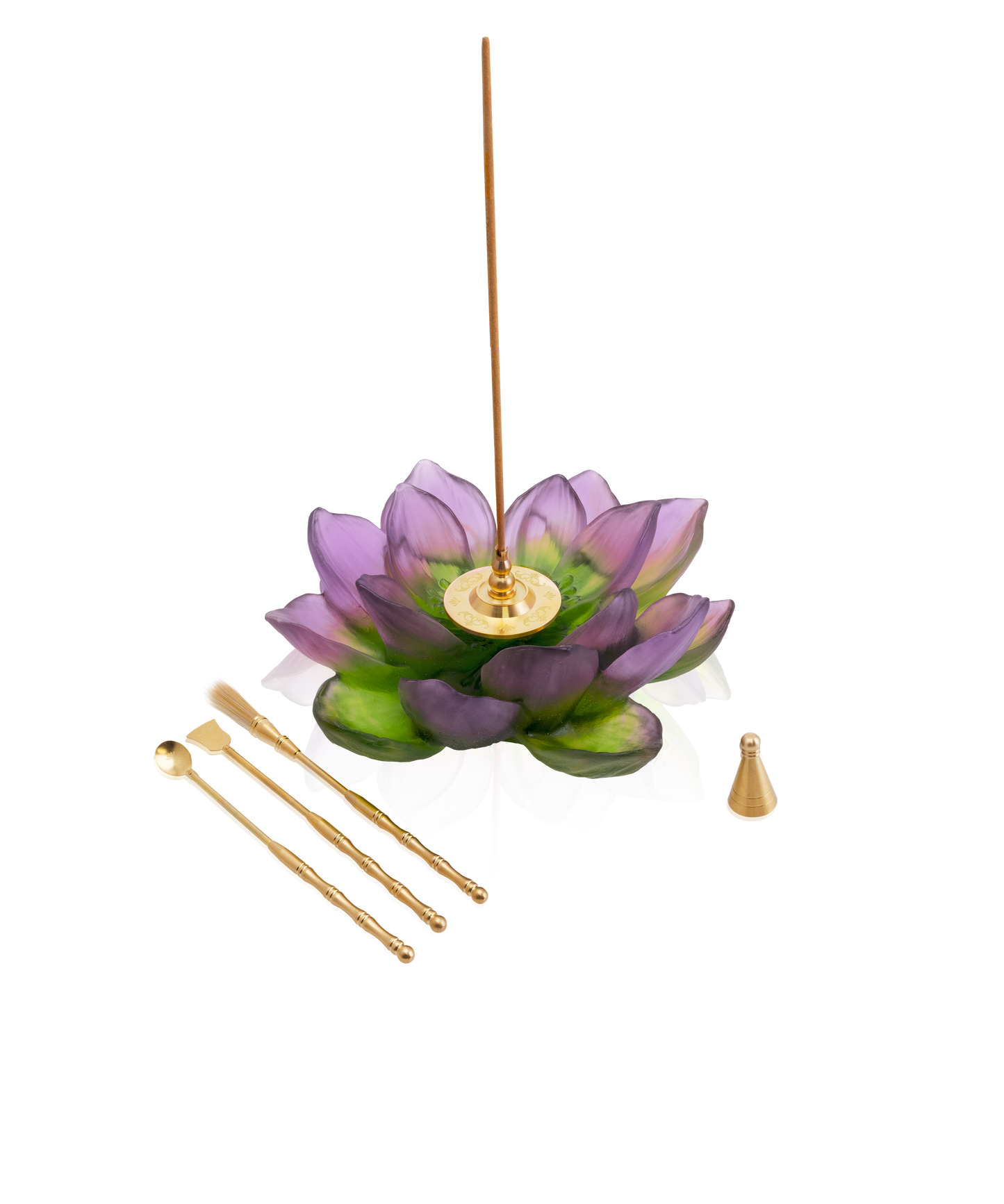 Porte-encens Jardin de Lotus de la marque Daum, violet et vert, avec motif lotus sculpté, pour combustion d'encens.