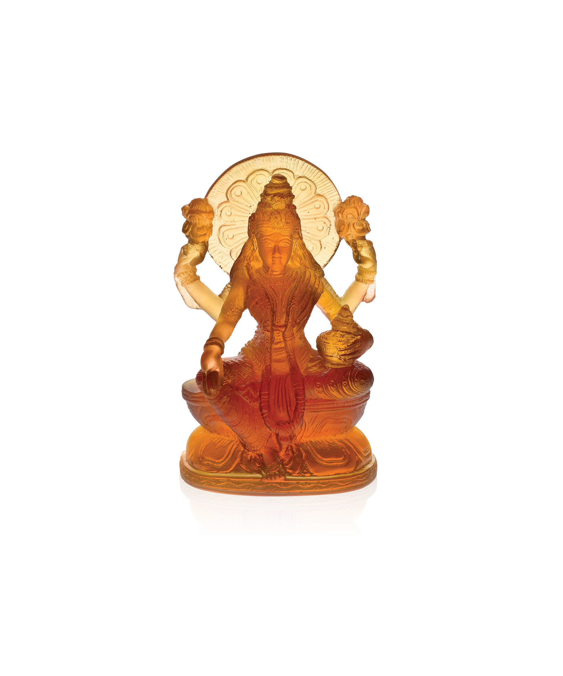 Statue de Lakshmi 888ex en verre soufflé par Daum, représentant la déesse de la richesse et de la prospérité, avec détails artistiques.