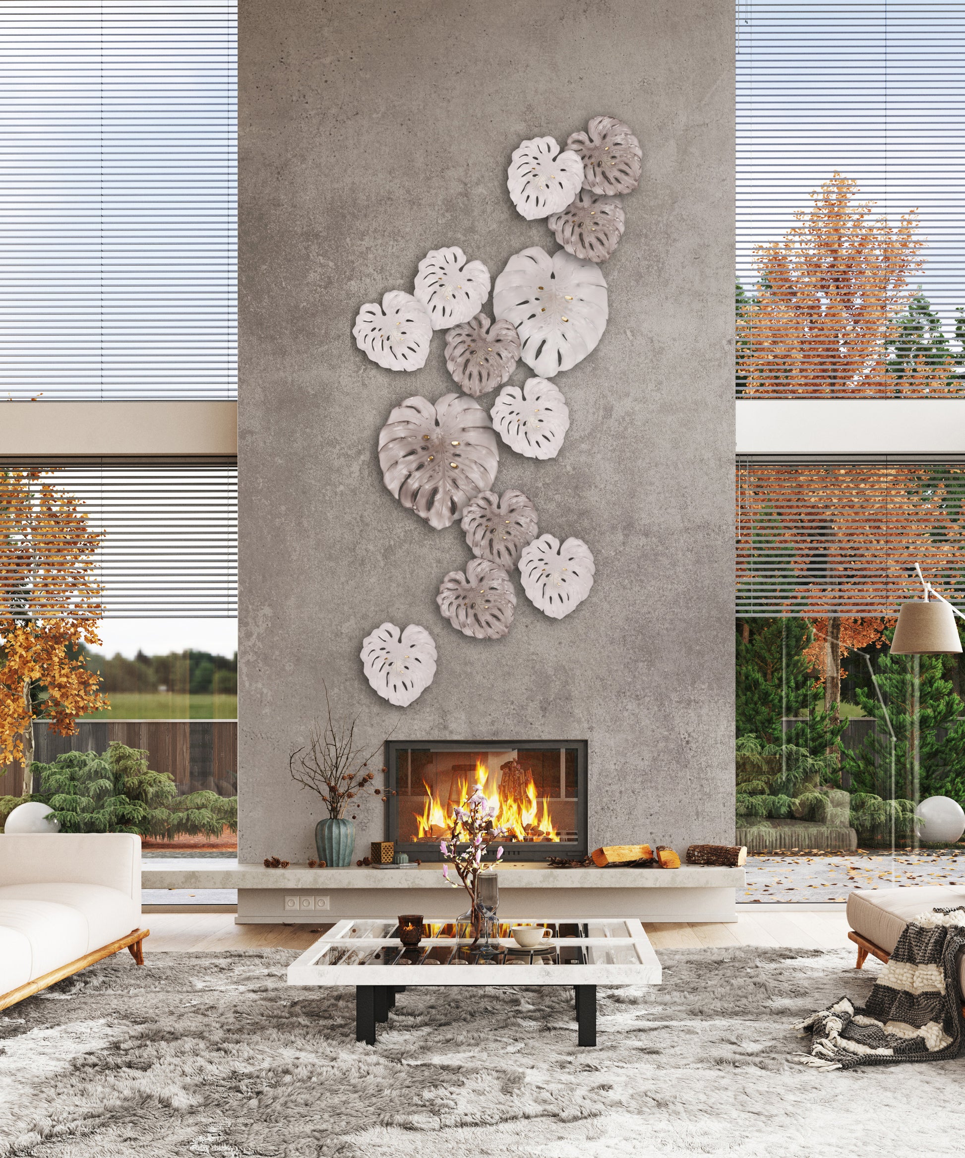 Feuille de monstera murale grande en gris de Emilio Robba, art mural moderne en décoration intérieure, de la marque Daum.