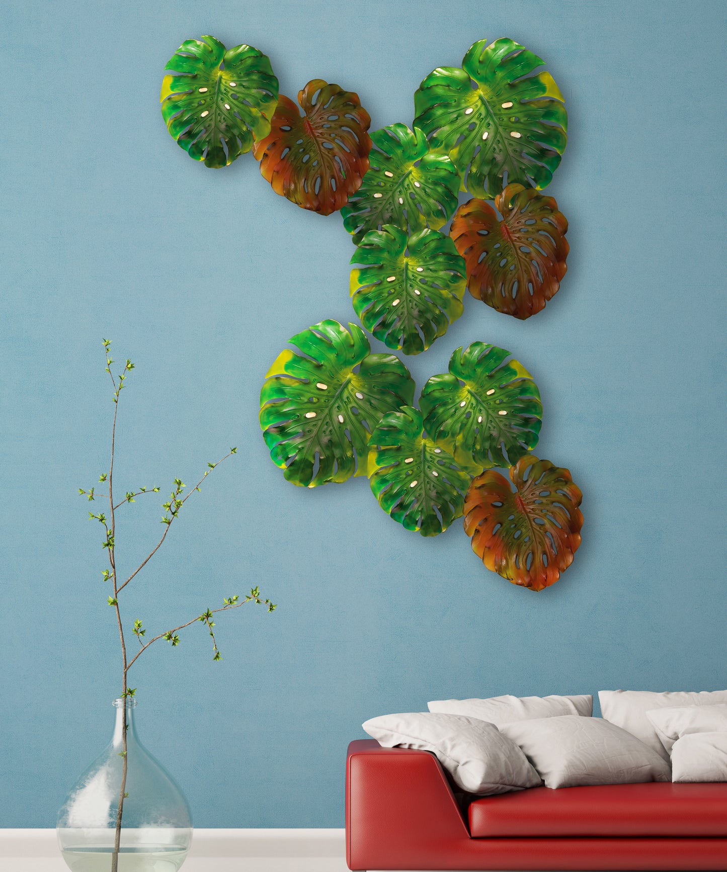 Feuille murale de Monstera verte petite, fixation longue, design Emilio Robba, décor végétal moderne pour intérieur.