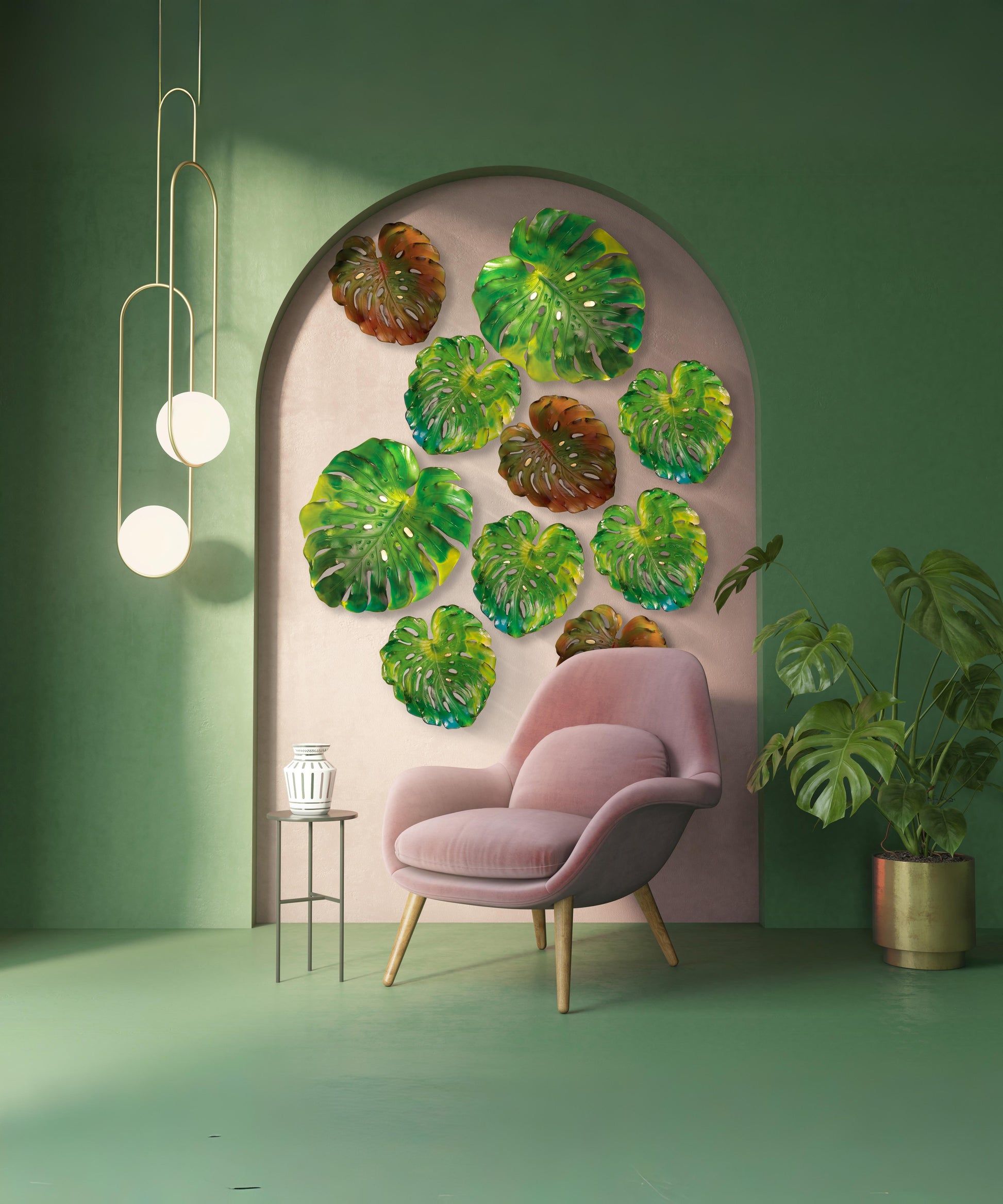 Feuille murale petite de Monstera verte de Emilio Robba, fixation longue, décoration végétale en métal, style moderne.