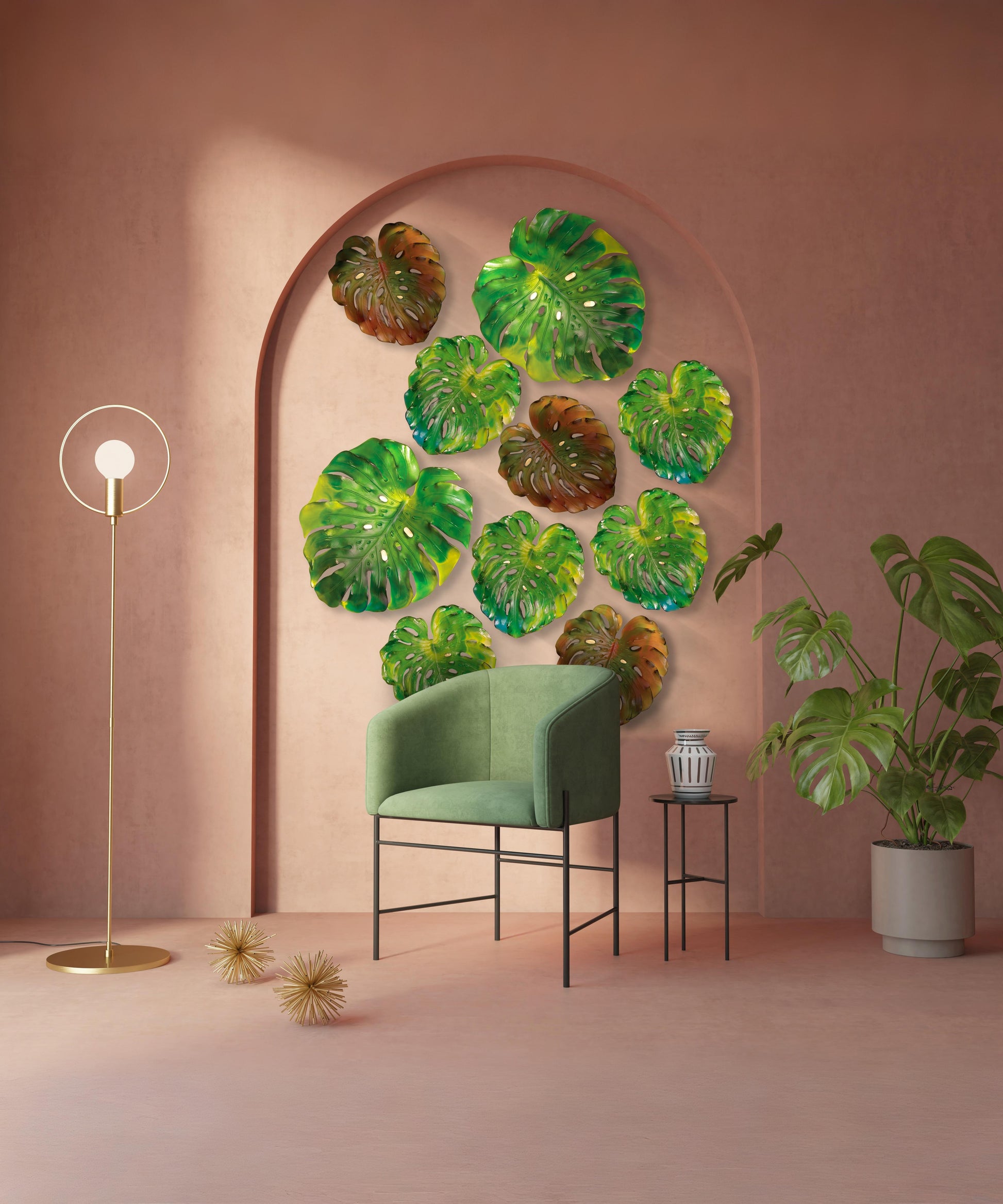 Feuille murale de Monstera petit modèle verte de Emilio Robba, fixation longue, décor végétal en métal, design moderne, couleur verte.