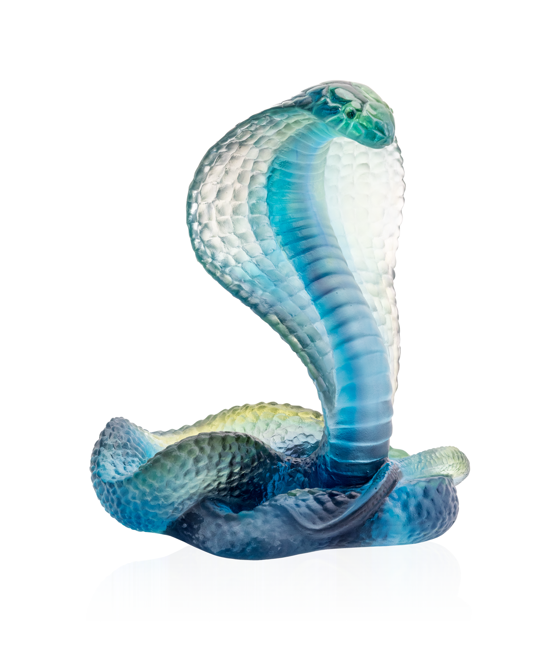 Naja bleue 500ex en verre de Daum avec détails artistiques, illustration d'une sculpture en verre coloré.