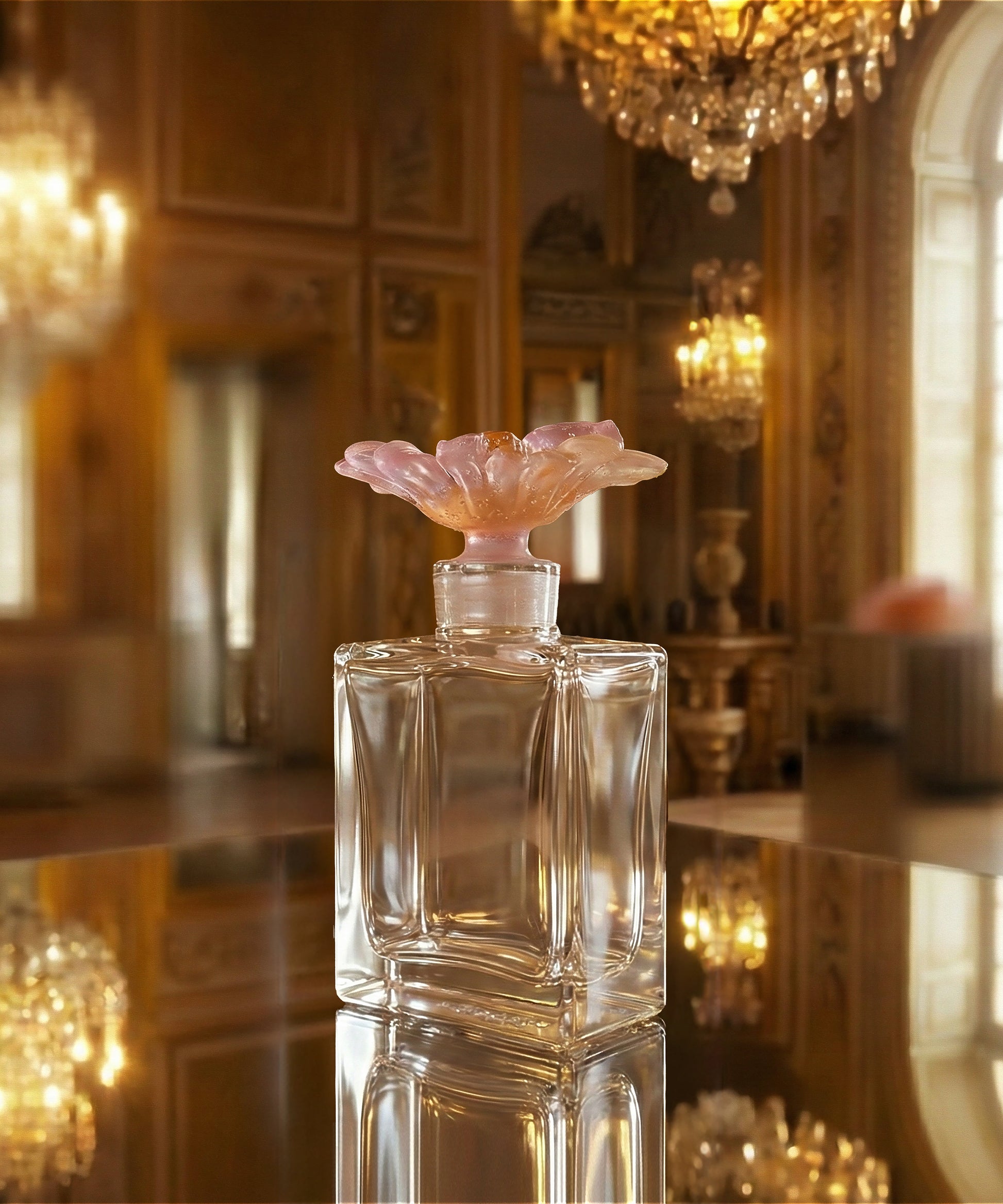 Flacon à parfum Or d'Abeille de la marque Daum avec motif en or et verre élégant.