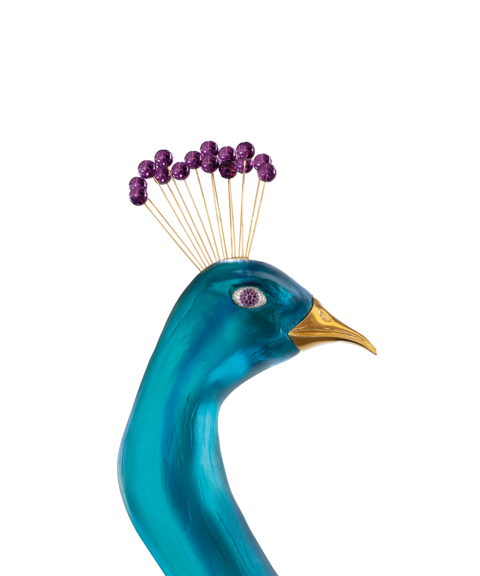 Paon tropical en verre de Madeleine Van der Knoop, ensemble de 8 pièces de la marque Daum, décoration élégante et colorée.