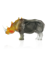 Rhinocéros en ambre gris signé Jean-François Leroy, sculpture artistique de la marque Daum, vue de face avec détails élégants.