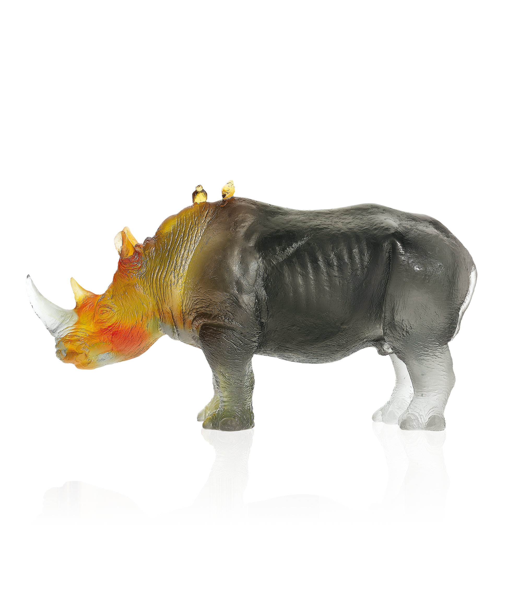 Rhinocéros en ambre gris signé Jean-François Leroy, sculpture artistique de la marque Daum, vue de face avec détails élégants.