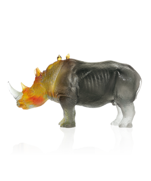 Rhinocéros en ambre gris signé Jean-François Leroy, réalisé par Daum, sculpture artistique en verre élégant.