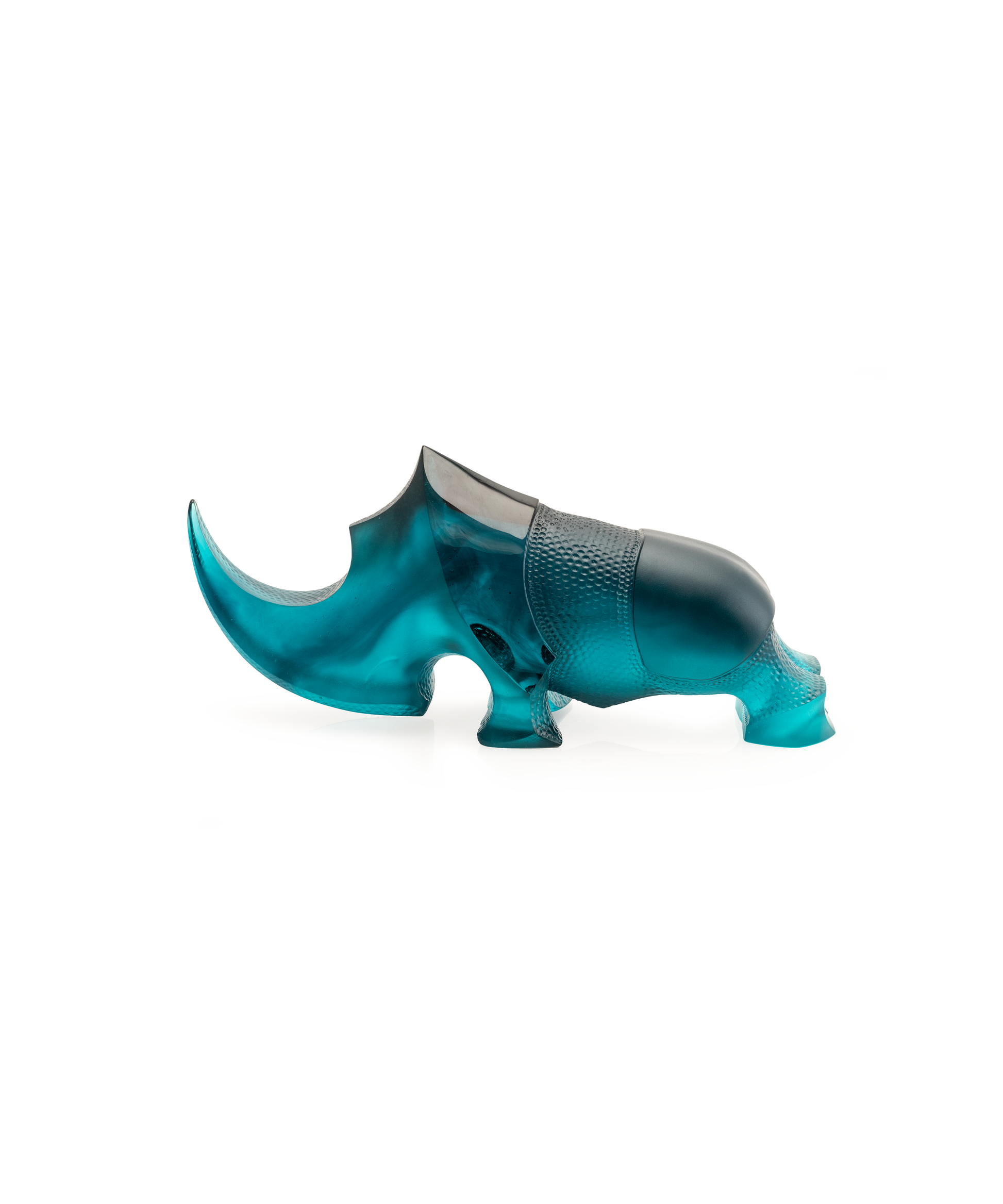 Rhinocéros Ongava en verre bleu de Daum, sculpture artistique de 125 ex, détail fin et finition élégante.