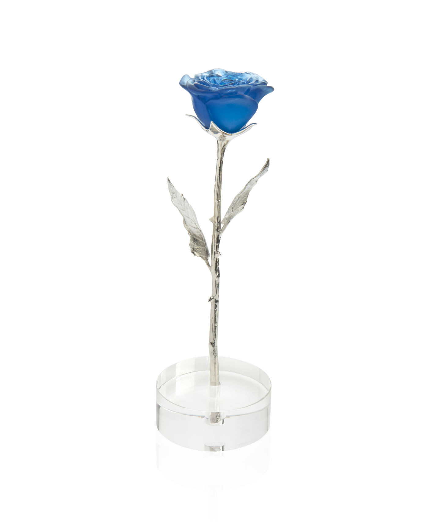 Rose éternelle bleue en verre Daum avec pétales détaillés et finition élégante, illustrant l'art du verre soufflé.