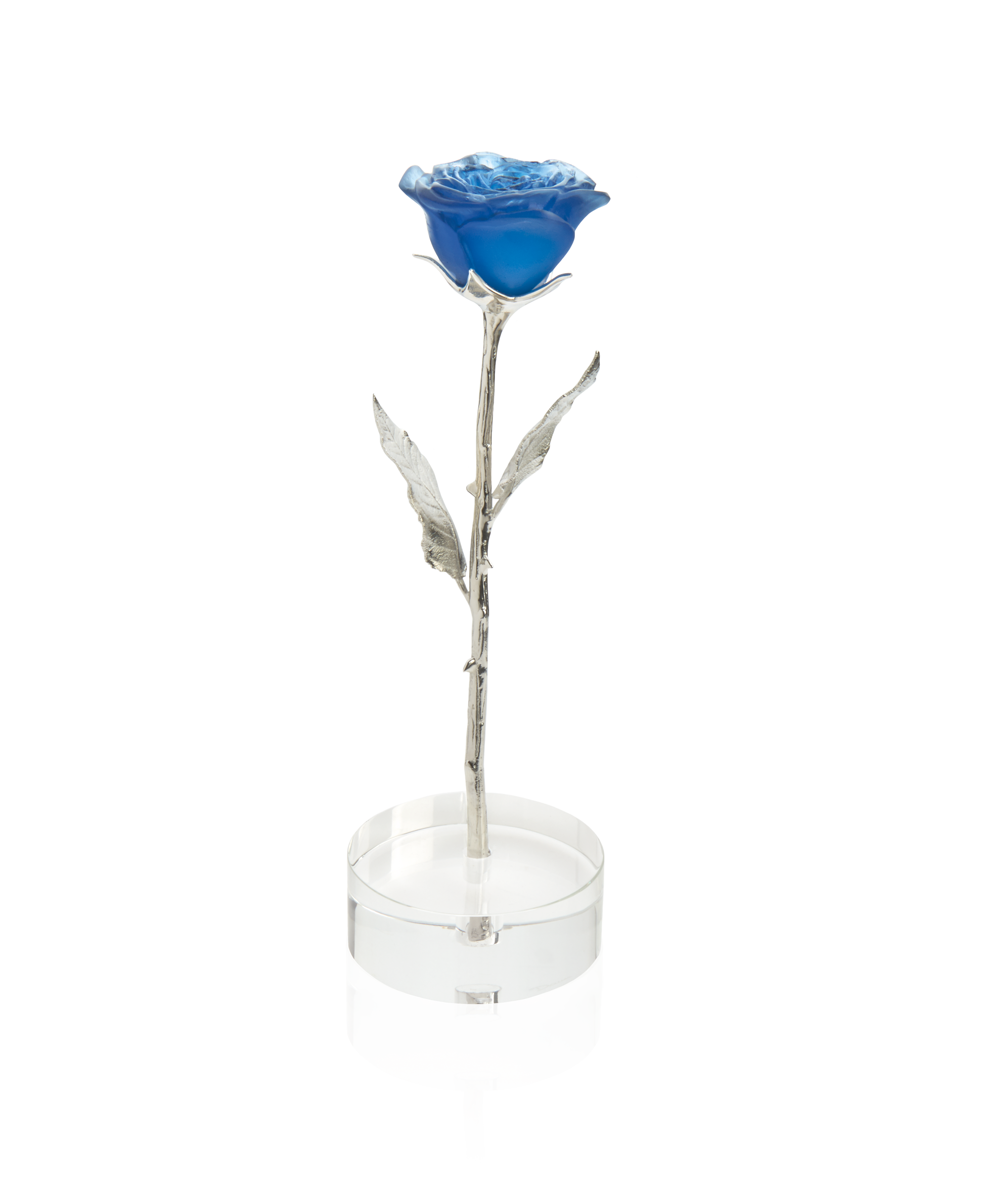 Rose éternelle bleue en verre Daum avec pétales détaillés et finition élégante, illustrant l'art du verre soufflé.