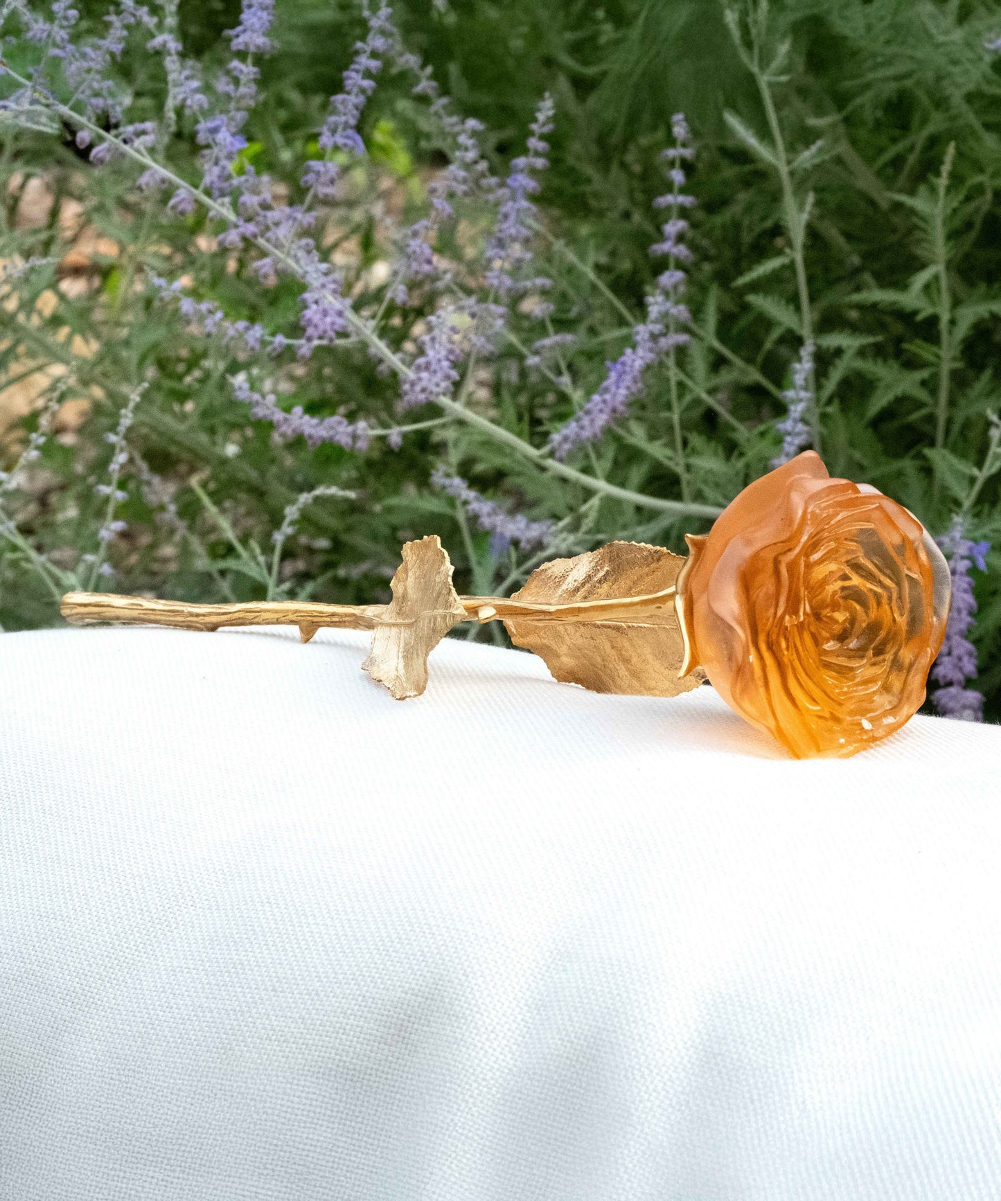 Vase en verre de la Rose Eternelle Orange de Daum avec une élégante finition en verre orange et forme florale raffinée.